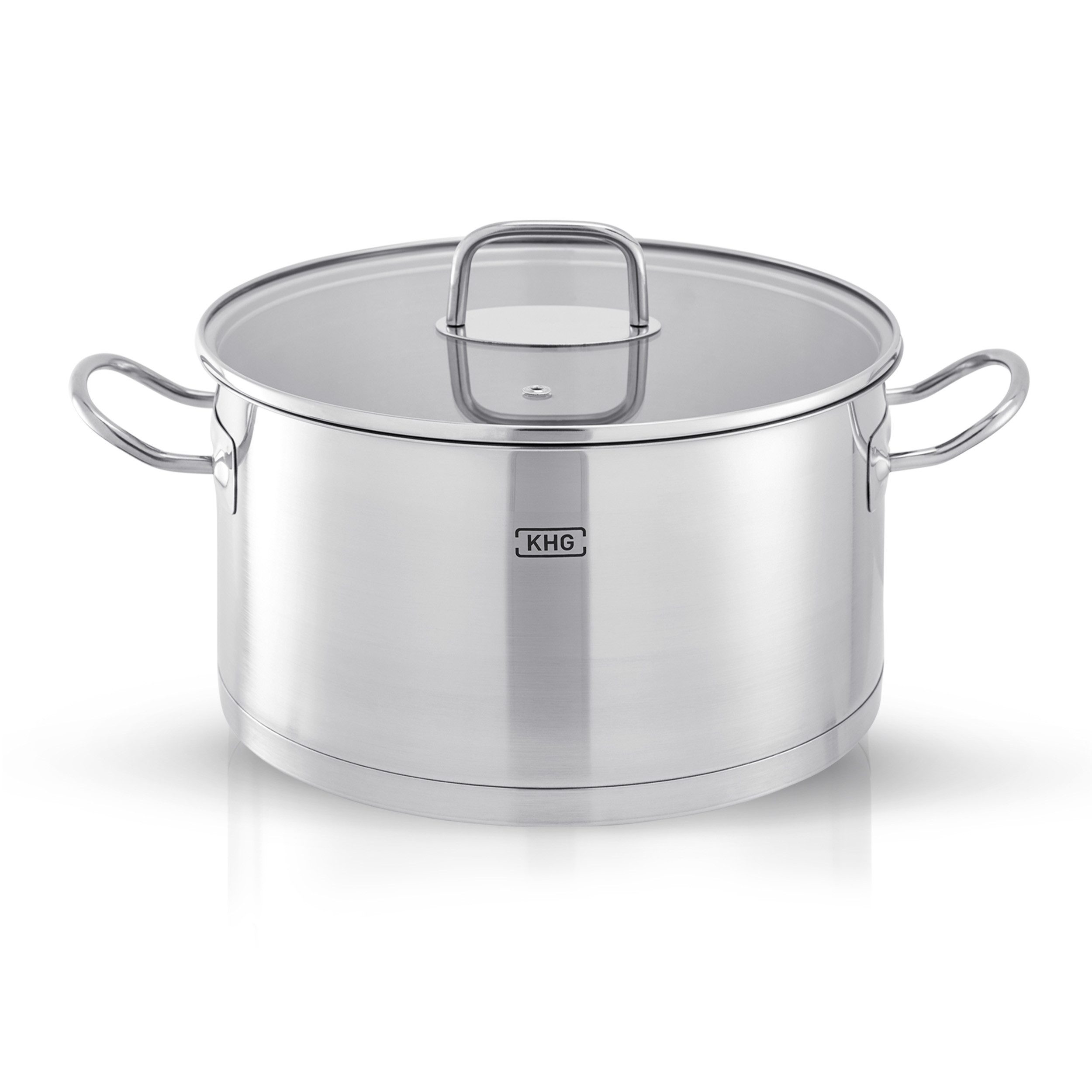 KHG Kochtopf Kochtopf 24 cm Durchmesser, inkl. Glasdeckel, Edelstahl, 5 Liter Volumen, Innenskala, für alle Herdarten inklusive Induktion