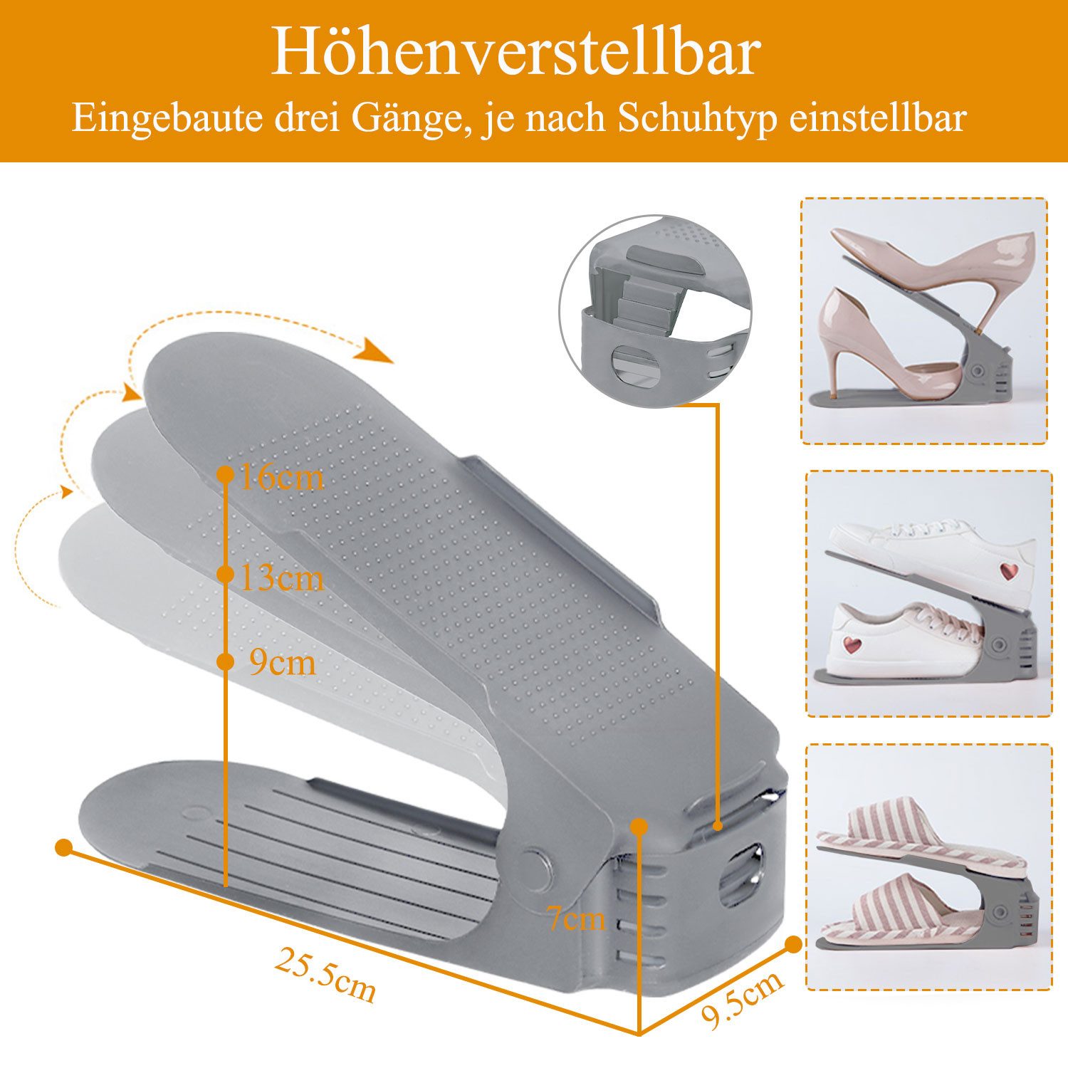 FIVMEN Schuhstapler Einstellbare Schuhregale Schuhhalter Set, 3 höhenverstellbar, Platzsparend, Weiß/Schwarz/Grau