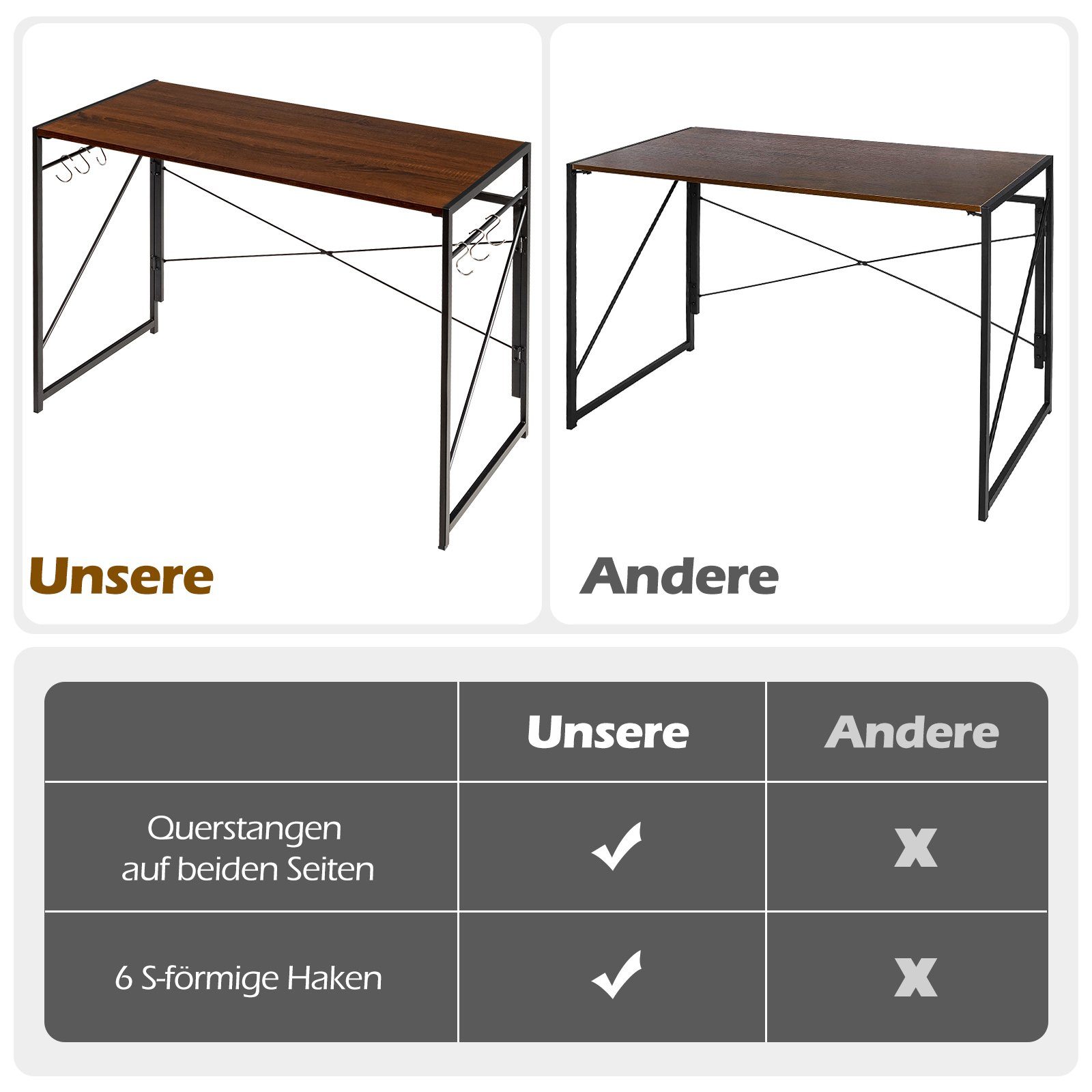 6 mit Haken & 100x50x75cm Metallrahmen, Schreibtisch, Braun klappbar, COSTWAY