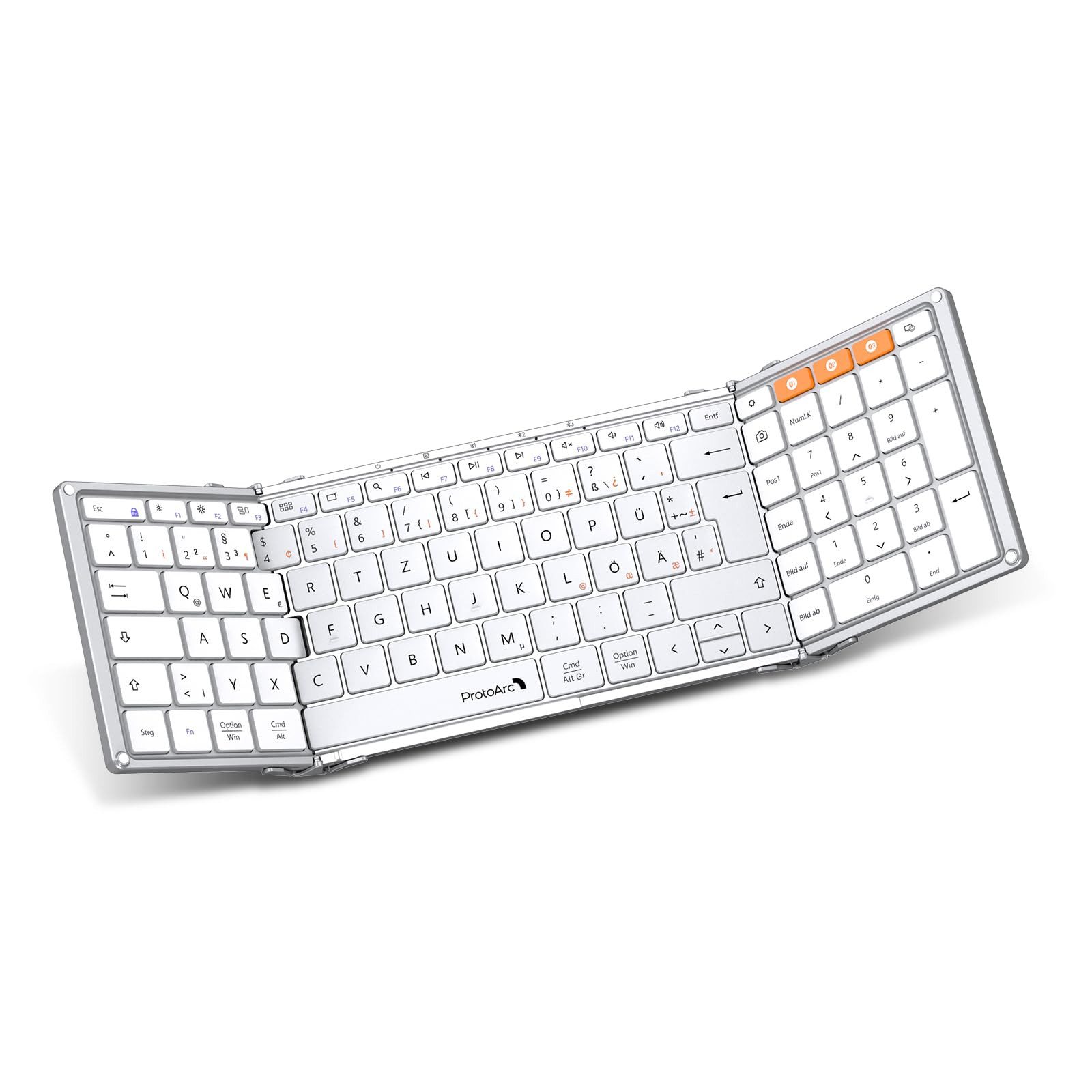 ProtoArc XK01 Faltbare Tastatur mit Ziffernblock – Kabellos & Aufladbar Tastatur (3-fach Bluetooth für iOS/Android/Windows, Kompakt & faltbar, QWERTZ)
