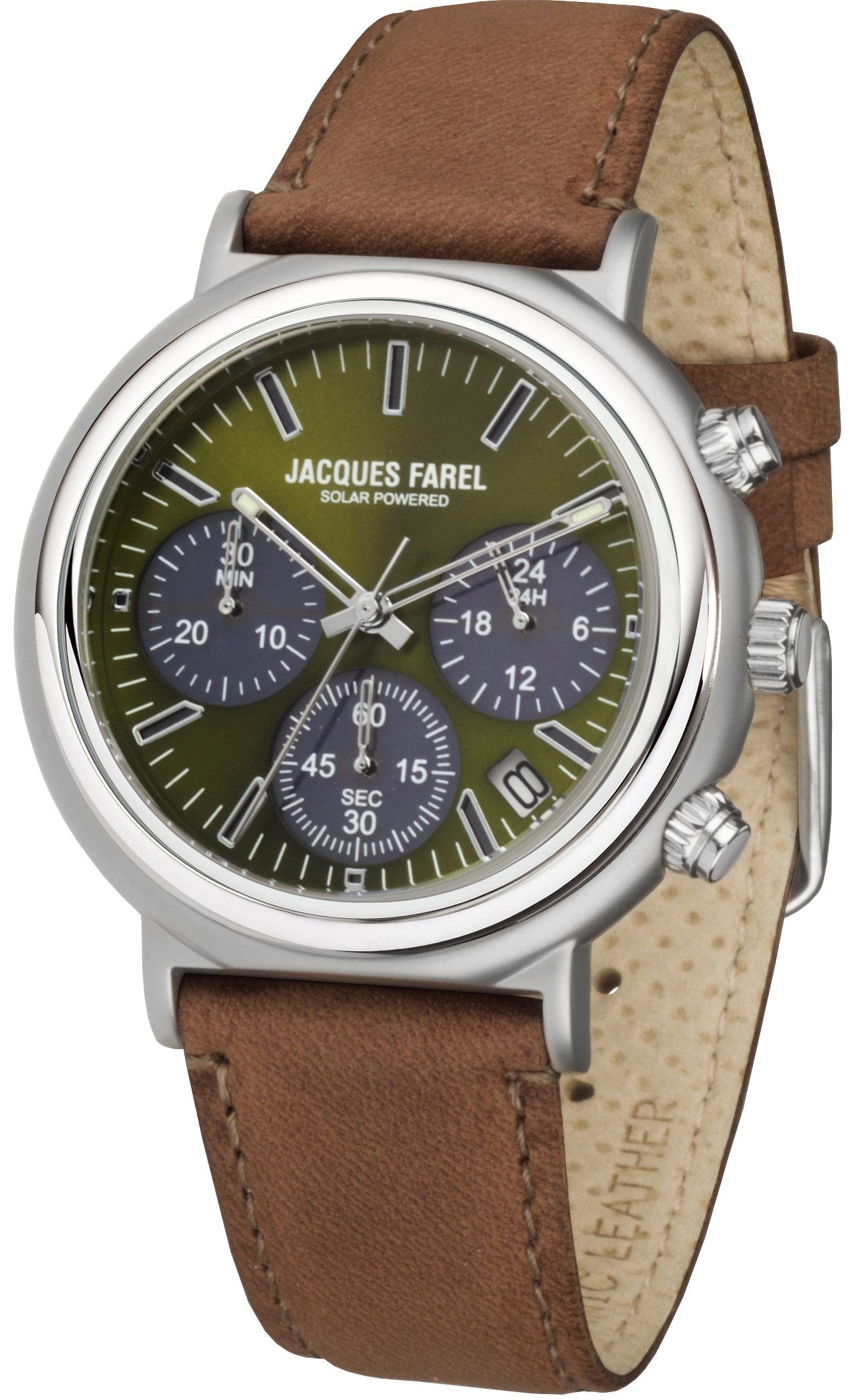 Jacques Farel Solaruhr ORST3004 nachhaltige Herren Damen Armbanduhr Recycling-Stahlgehäuse Lederband 5 bar, Analog Braun Grün Multifunktion Chrono Datum 24h Ø41 mm
