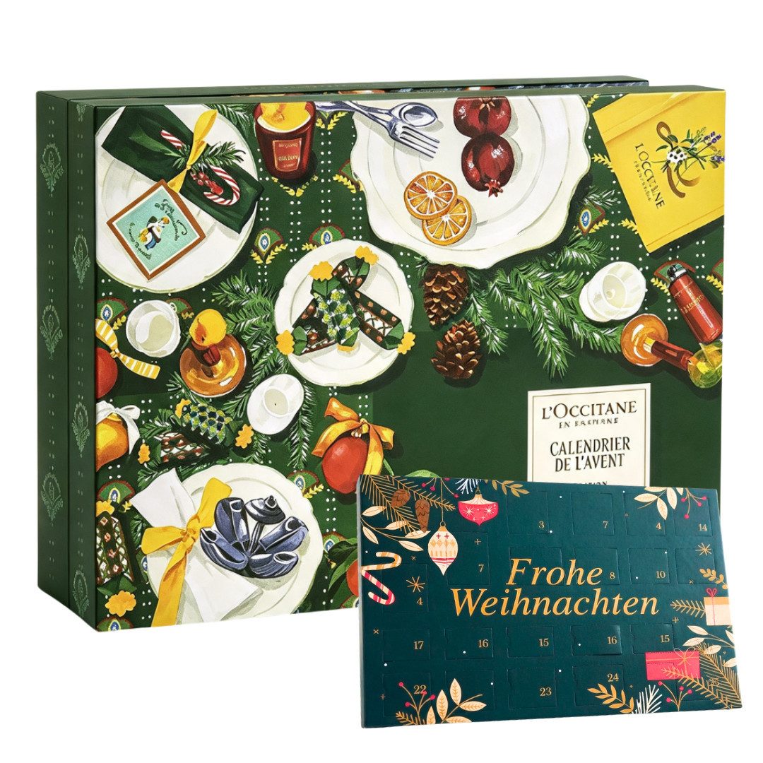 L'OCCITANE Kosmetik-Adventskalender 2026 KLASSIK + Loccit Tisch Adventskalender 2er set Frau Beauty Pflege (Set, 48-tlg), 48 tlg - 24 Luxus Pflegeprodukte + 24 Schokolade Advent kalender Damen