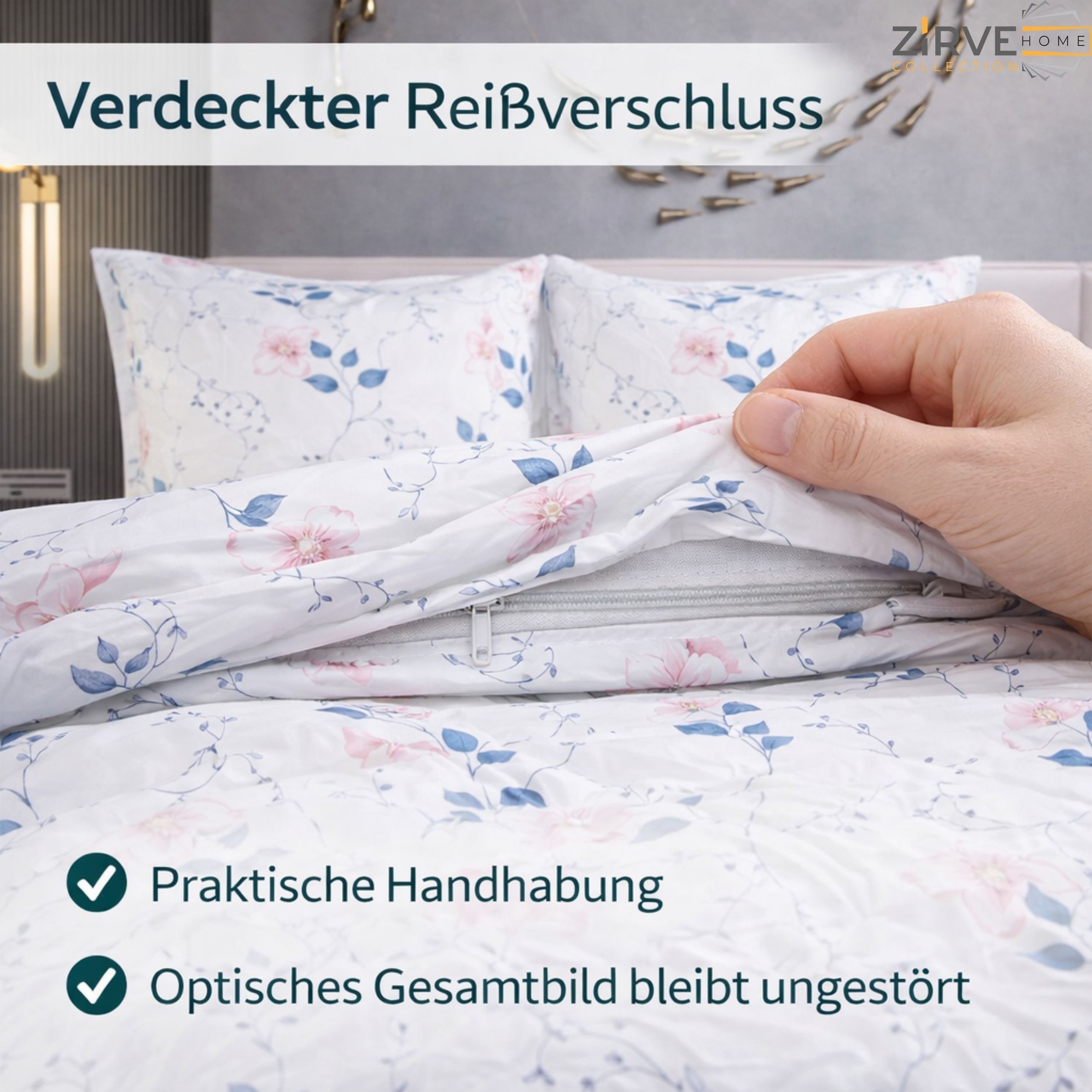 ZIRVEHOME Bettwäsche Baumwolle Bettwäsche-Set Weiß Bettbezug rosa-blauem Floralmuster, Renforce, 3 teilig, Baumwolle Bettbezug Weiß mit Blumenmuster Rosa Blau – Bild 5 von 5