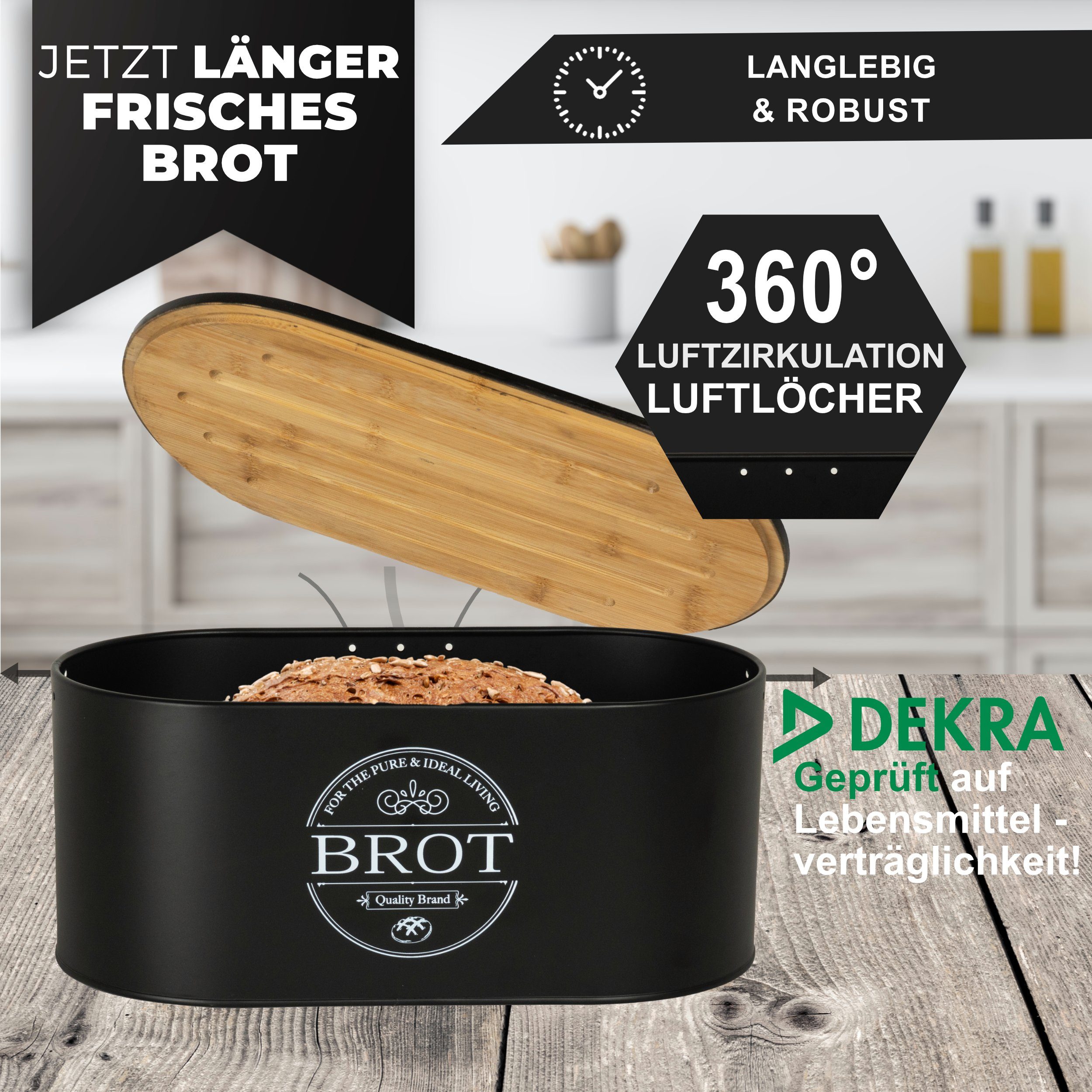 ideale entwickelter Luftzirkulation Premium für & Brotbox Brot 2-in-1 Brotkasten frischhaltende (Brot Aufbewahrung, Brotkästen), IDEALTASTIC Stahl, speziell Länger die Aufbewahrung, Brotkasten