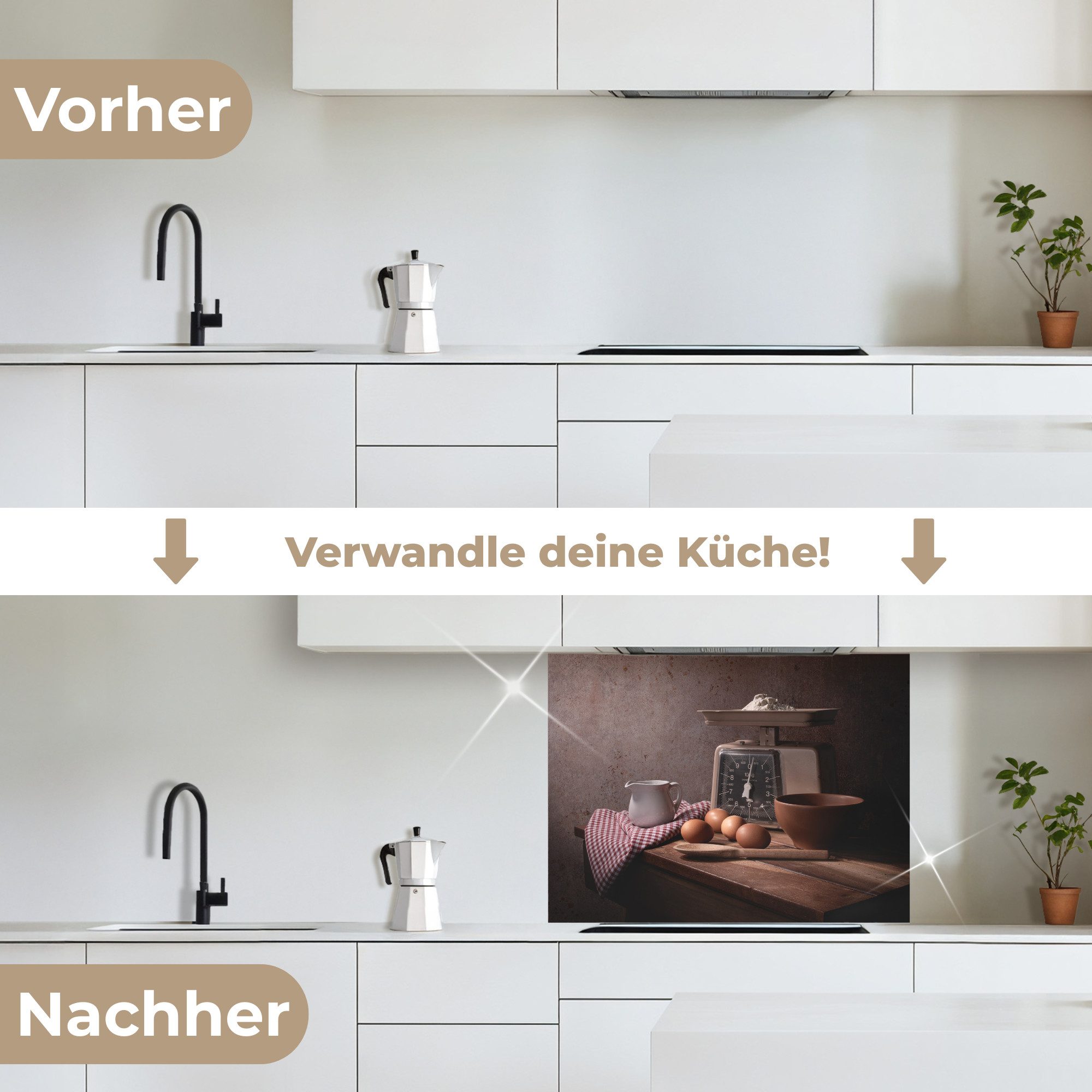 KitchenYeah Küchenrückwand selbstklebend Stilleben - Kochen - Waage - Eier - Küche, (1-tlg), Spritzschutz, Küche, Rückwand, Küchenwand, Küchenfront, 80x60 cm