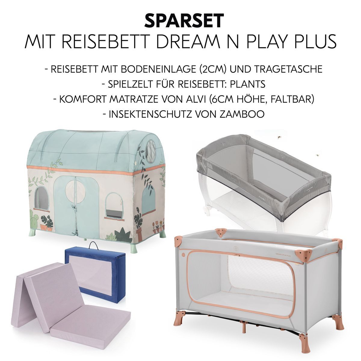Hauck Baby-Reisebett Dream N Play Plus - Dusty Cork / Plants, Kinderreisebett mit Eingang, Matratze, Moskitonetz & Spielzelt faltbar