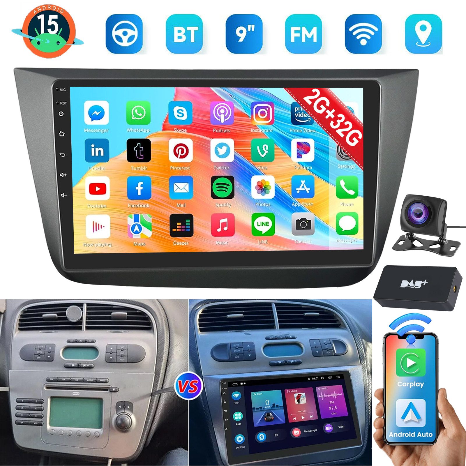 Für Seat Altea Toledo 2004-2015 Android15 mit CarPlay GPS Navi und RDS Autoradio