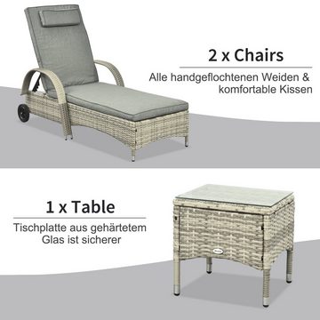 Outsunny Gartenliege Tisch 3er-Set Gartenmöbel, Polyrattan+Metall Grau, Liege, 3 St., Sonnenliege, Modern, Stabil, Praktisch, Witterungsbeständig