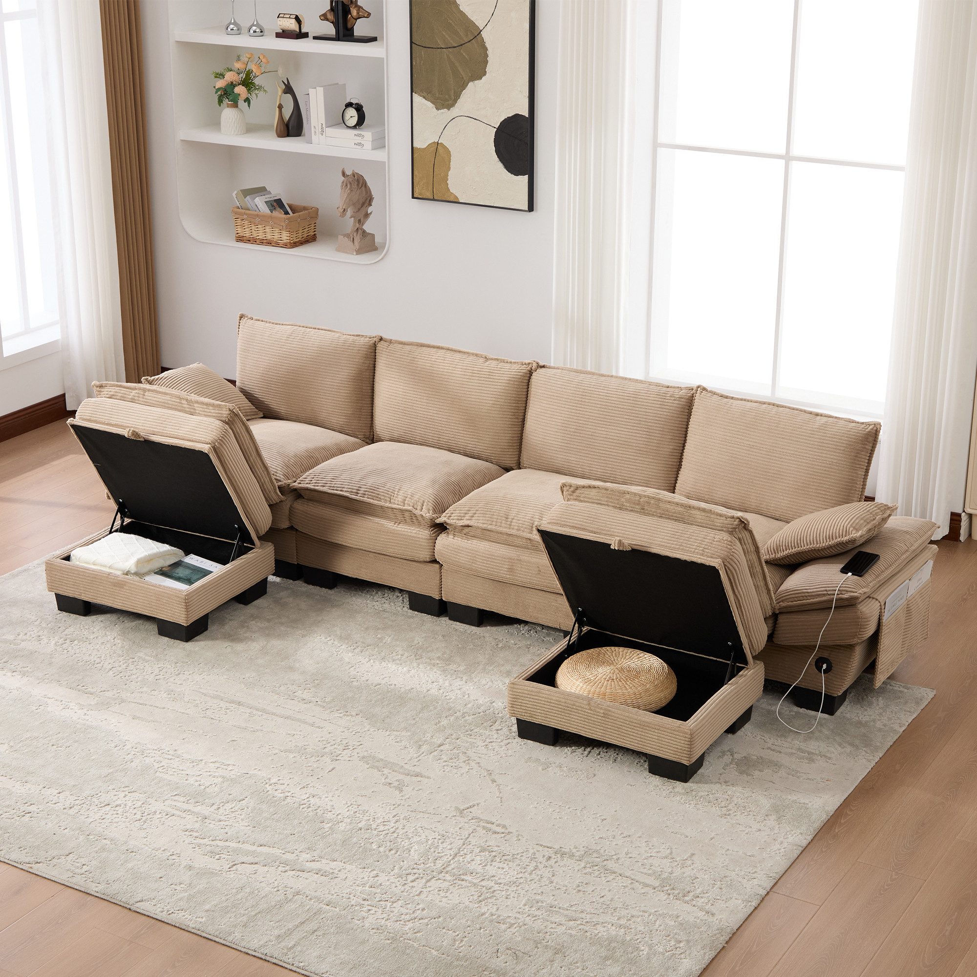 STILVORA Ecksofa mit Seitentaschen 4-Sitzer Cordsofa mit 2Hocker für Wohnzimmer khaki, Relaxsofa mit hochdichte Schaumstoffpolsterung, langlebig, pflegeleicht