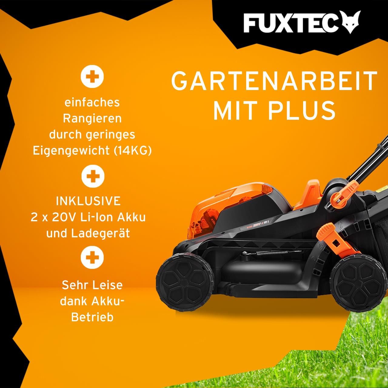 FUXTEC Akkurasenmäher FX-E1RM20-SET, 33 cm Schnittbreite, 33 cm Schnittbreite, 35 L Fangkorb, 2x 20V 2Ah Akku, 25mm - 65mm