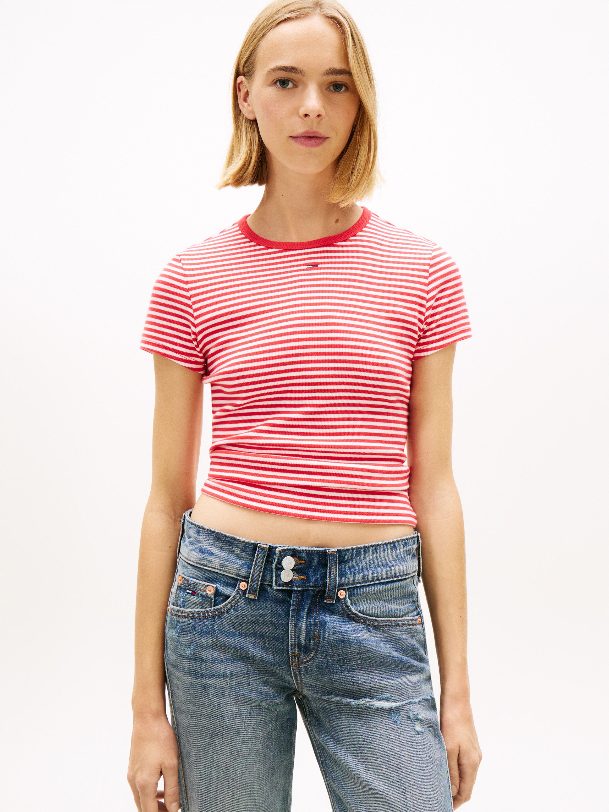 Tommy Jeans Kurzarmshirt TJW ESSENTIAL RIB SHORT SLEEVE EXT Baumwollmischung in gerippter Struktur, Slim Fit