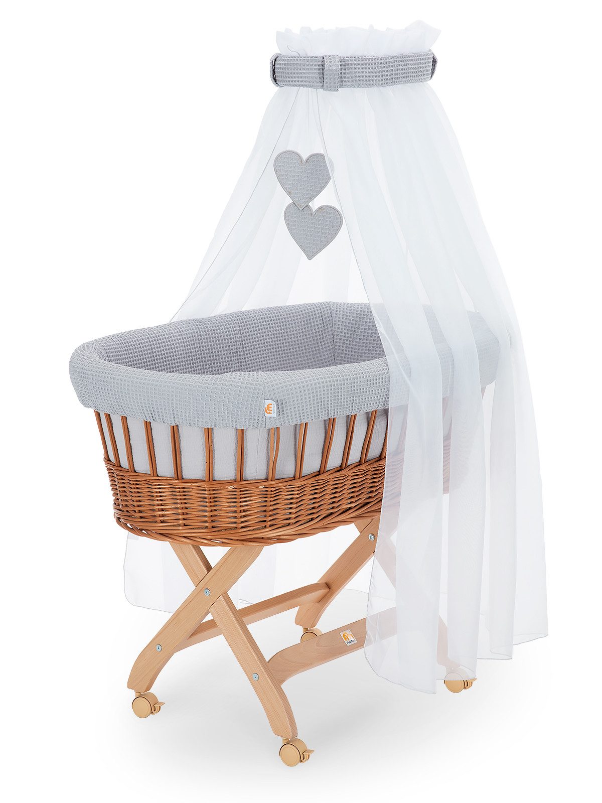 FabiMax Stubenwagen naturbelassen, Komplettset, Musselin & Waffelpiqué, Inkl. Matratze, Nestchen & Schlafsack