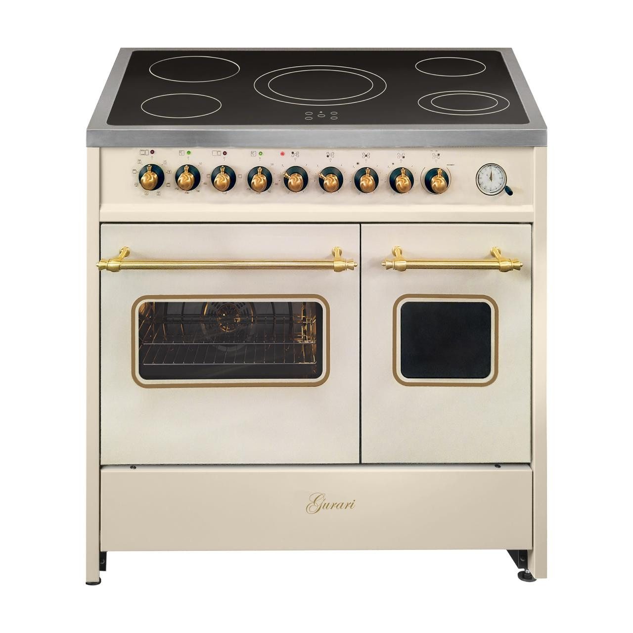 GURARI Elektro-Standherd GCH E 912 DF Cr r, mit 1-fach-Teleskopauszug, Elektro Standherd 90 cm, Doppelbackofen, Creme, Nostalgie Herd