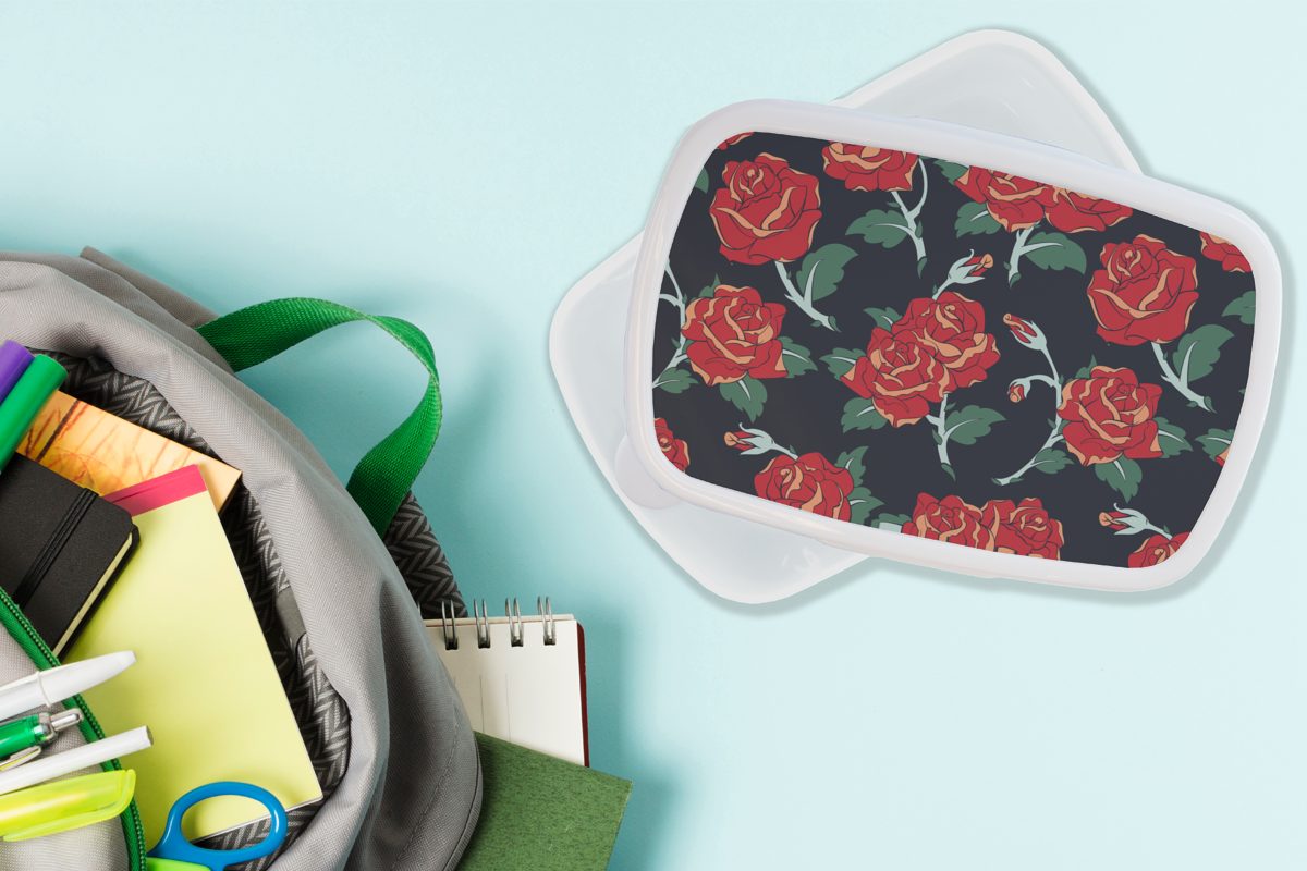 weiß MuchoWow Brotdose, Mädchen Blume - für - Brotbox Erwachsene, Kunststoff, Muster (2-tlg), Rot, für Lunchbox Jungs - Kinder und und Rosen
