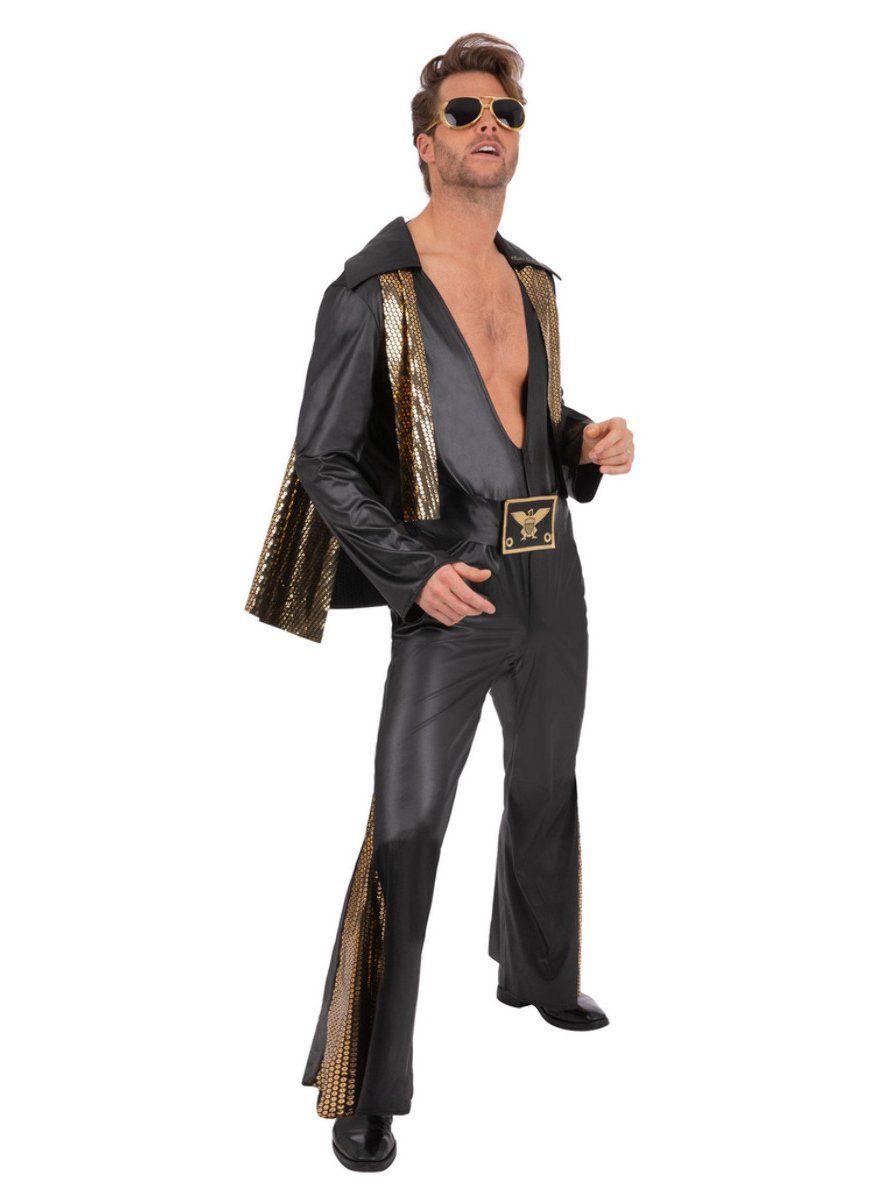 Smiffys Kostüm Elvis Bühnenoutfit schwarz-gold, Der King of Rock im brustfreien Jumpsuit