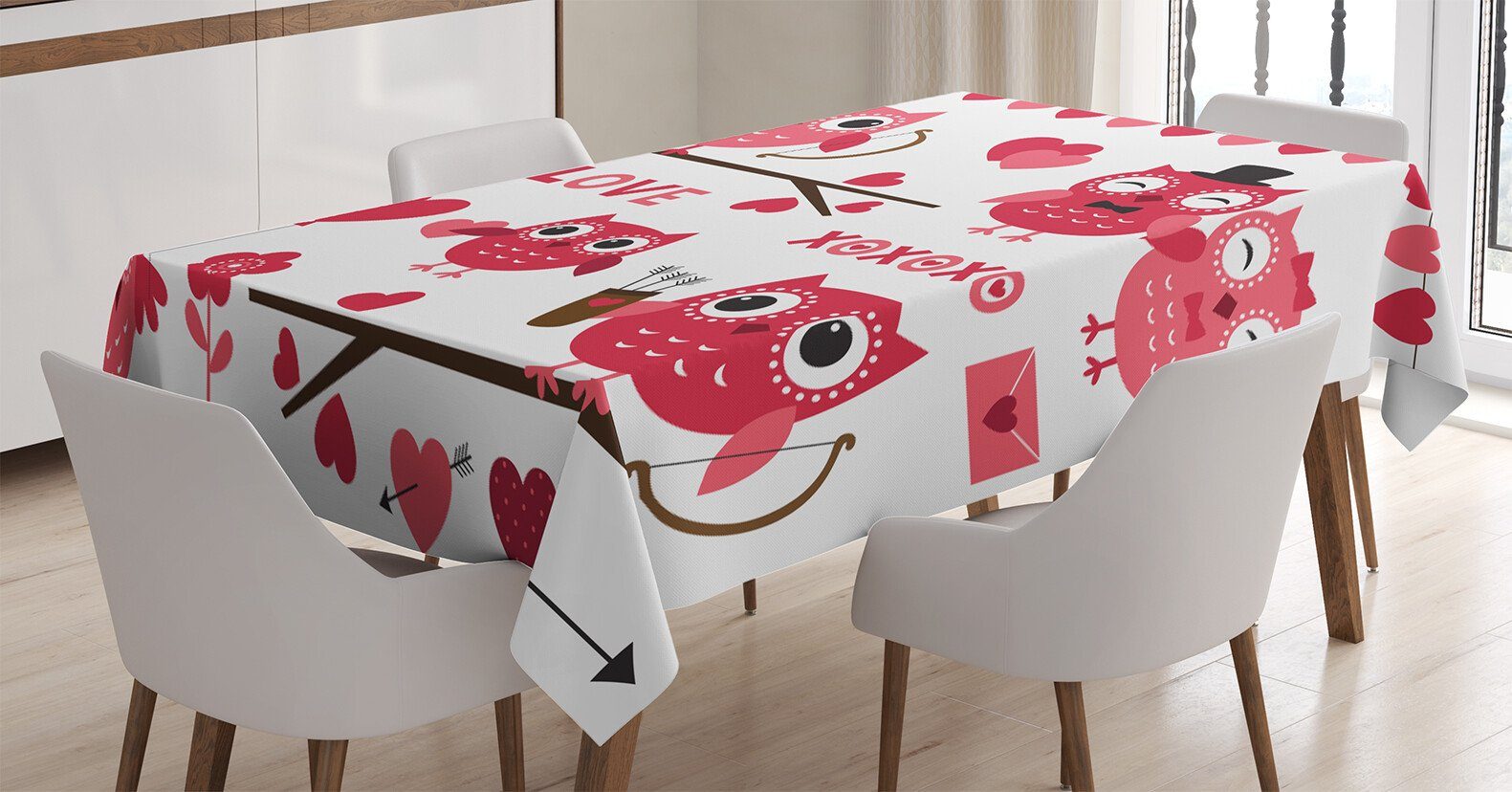 Romantische Farben, Farbfest Abakuhaus Tischdecke den Eulen Bereich Klare Arrows Waschbar Für Außen rot-Weiss geeignet