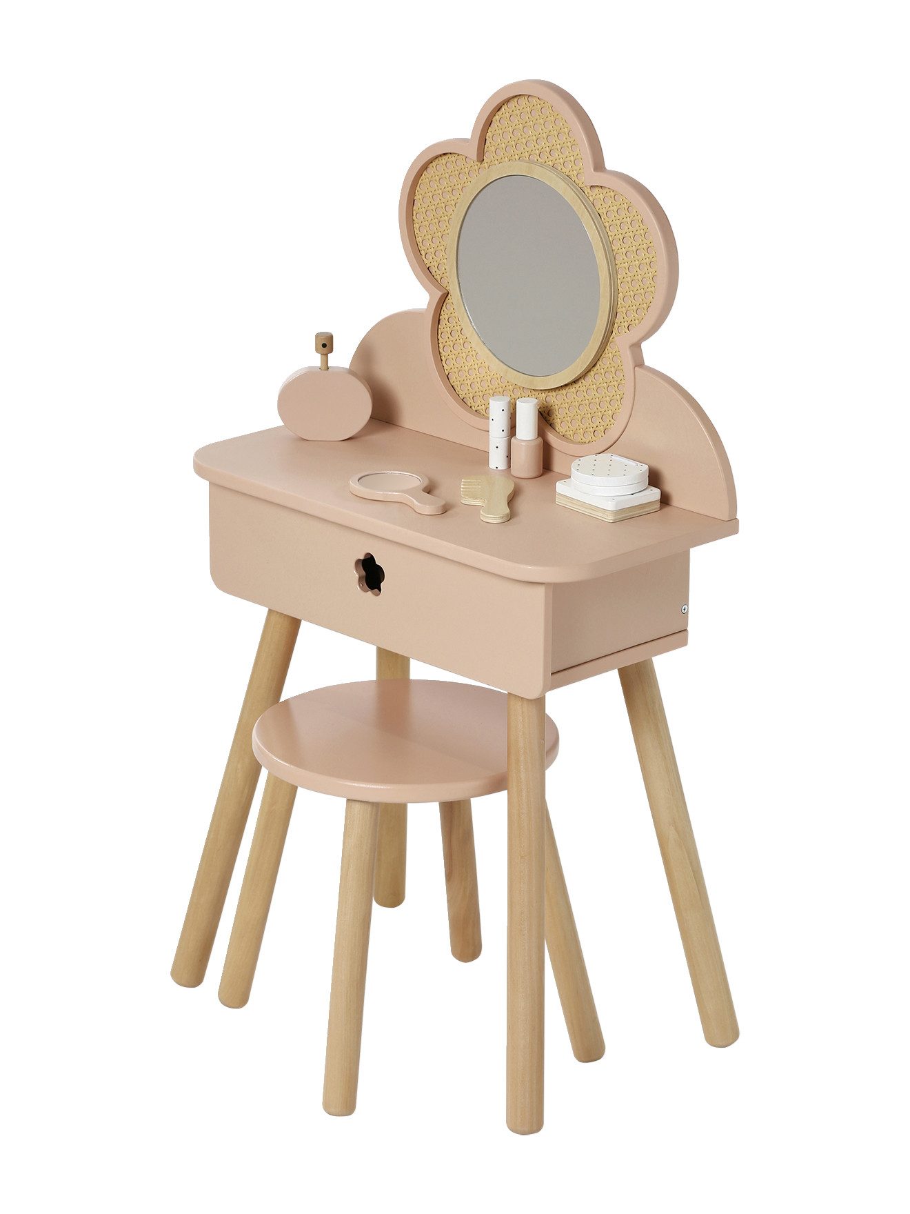vertbaudet Spielwerkbank Kinder Schminktisch mit Zubehoer, Holz FSC® und Rattangeflecht