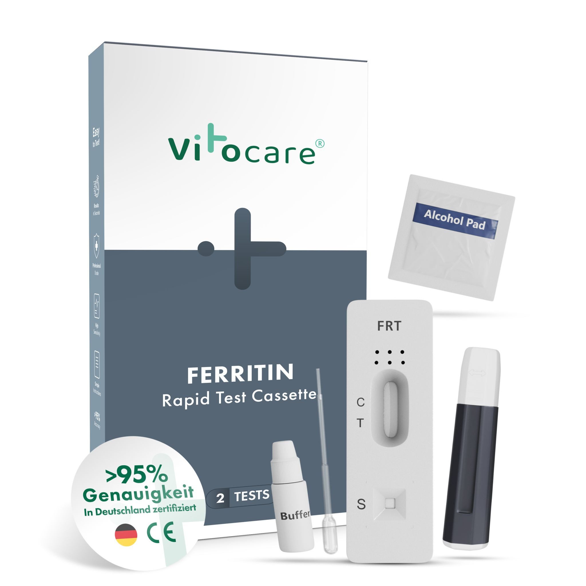 Vitocare Blutzucker-Teststreifen Ferritin Test / Eisentest f. Zuhause, Eisenmangel Schnelltest 2x