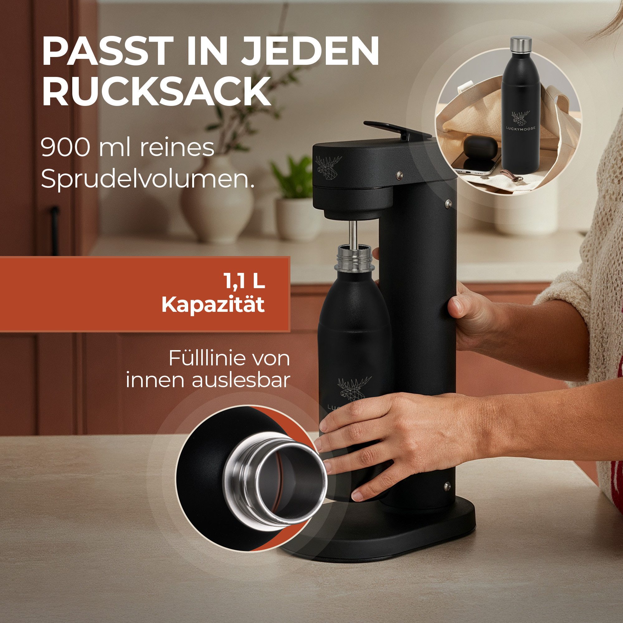 Luckymoose Wassersprudler Flasche Infinity Edelstahlflasche Wassersprudler, (für SodaStream DUO & TERRA), Spülmaschinenfest & ohne Ablaufdatum