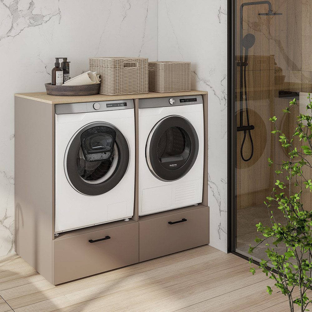 Lomadox Umbauschrank RISAN-83 beige greige Eiche Dekor 132 cm breit modern Metallgriffe Schubladen – Bild 4 von 5