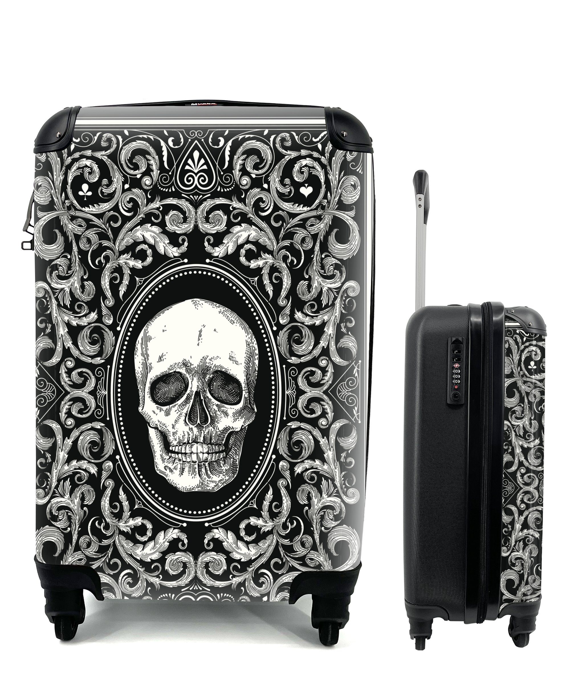 MuchoWow Handgepäckkoffer Eine Spielkartenillustration mit einem Totenkopf, 4 Rollen, Reisetasche mit rollen, Handgepäck für Ferien, Trolley, Reisekoffer