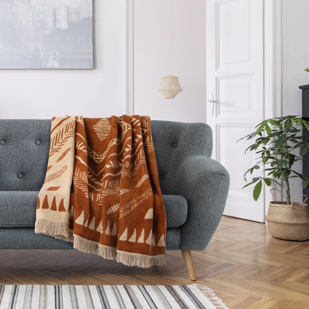 Wohndecke Decke Tagesdecke Baumwolle mit Fransen 150 x 200 cm Wohndecke, AmeliaHome Kupfer Ecru Muster