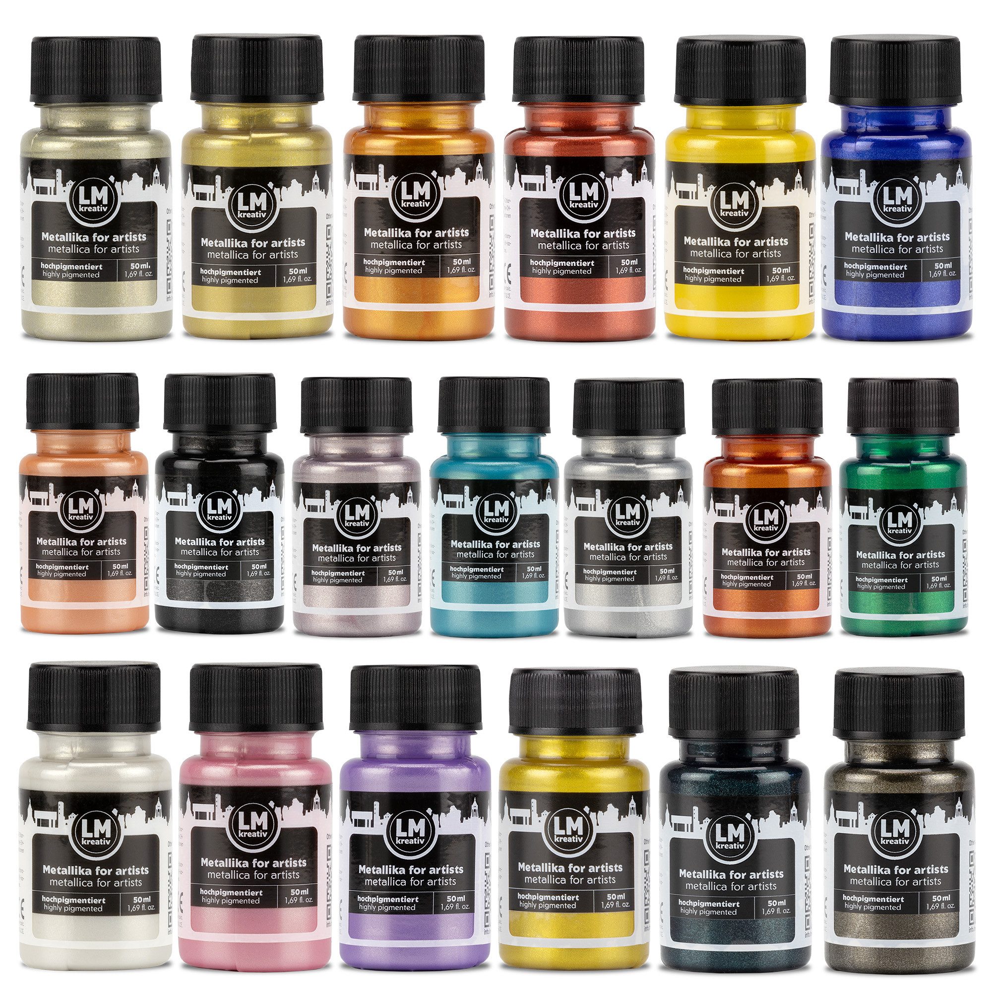 LM-Kreativ Bastelfarbe Metallic-Acrylfarben-Set für Holz, Leinwand, Keramik & Papier, Metallic-Acrylfarbe, wasserbasiert, lichtecht, wasserfest, Farbset