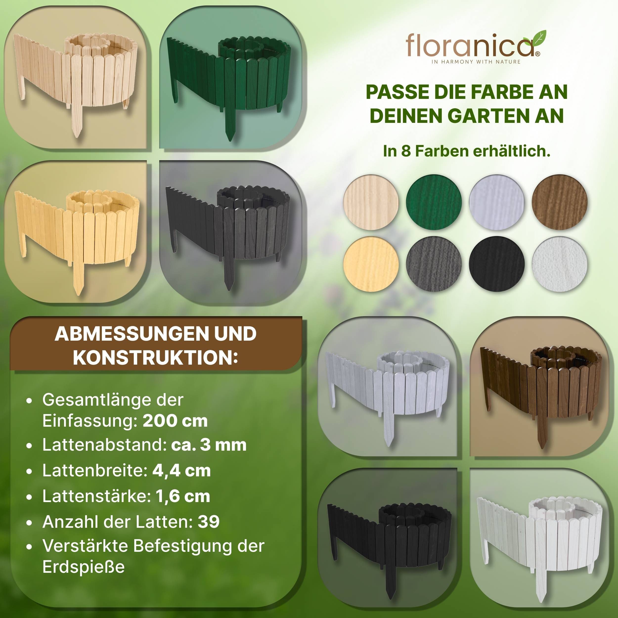 Floranica Palisade Rasenkante Holz Flexible Beeteinfassung Rollborder Gartenzaun, LxH: 200x10 cm, Weiß, Umzäunung für Garten Blumenbeeten Gemüsebeeten Rosen