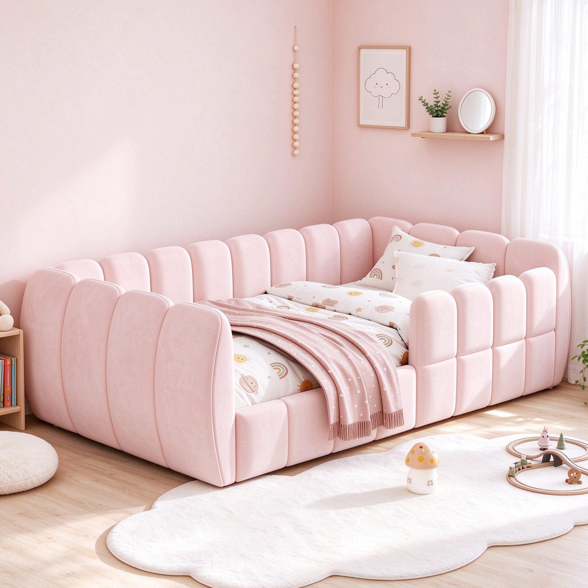 Odikalo Kinderbett Gepolstertes-Bodenbett 90x200 140×200 Samtbezug Doppelbett (komplett geschlossenes Design abgerundete Ecken, geeignet …
