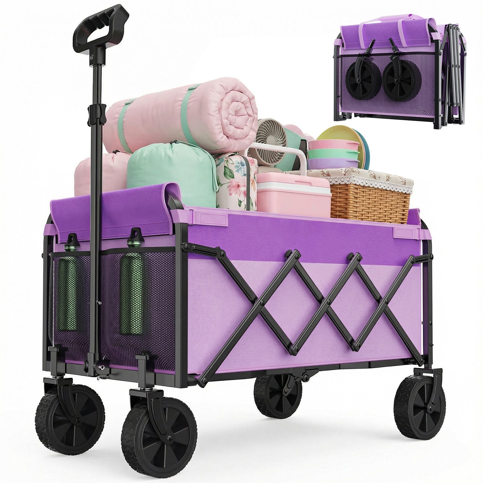 CHICFURN Bollerwagen Mini Faltwagen klappbar als Handwagen (Packung, 1-tlg., Einkaufswagen mit höhenverstellbarem Griff), Bis 100 kg belastbar, Lila