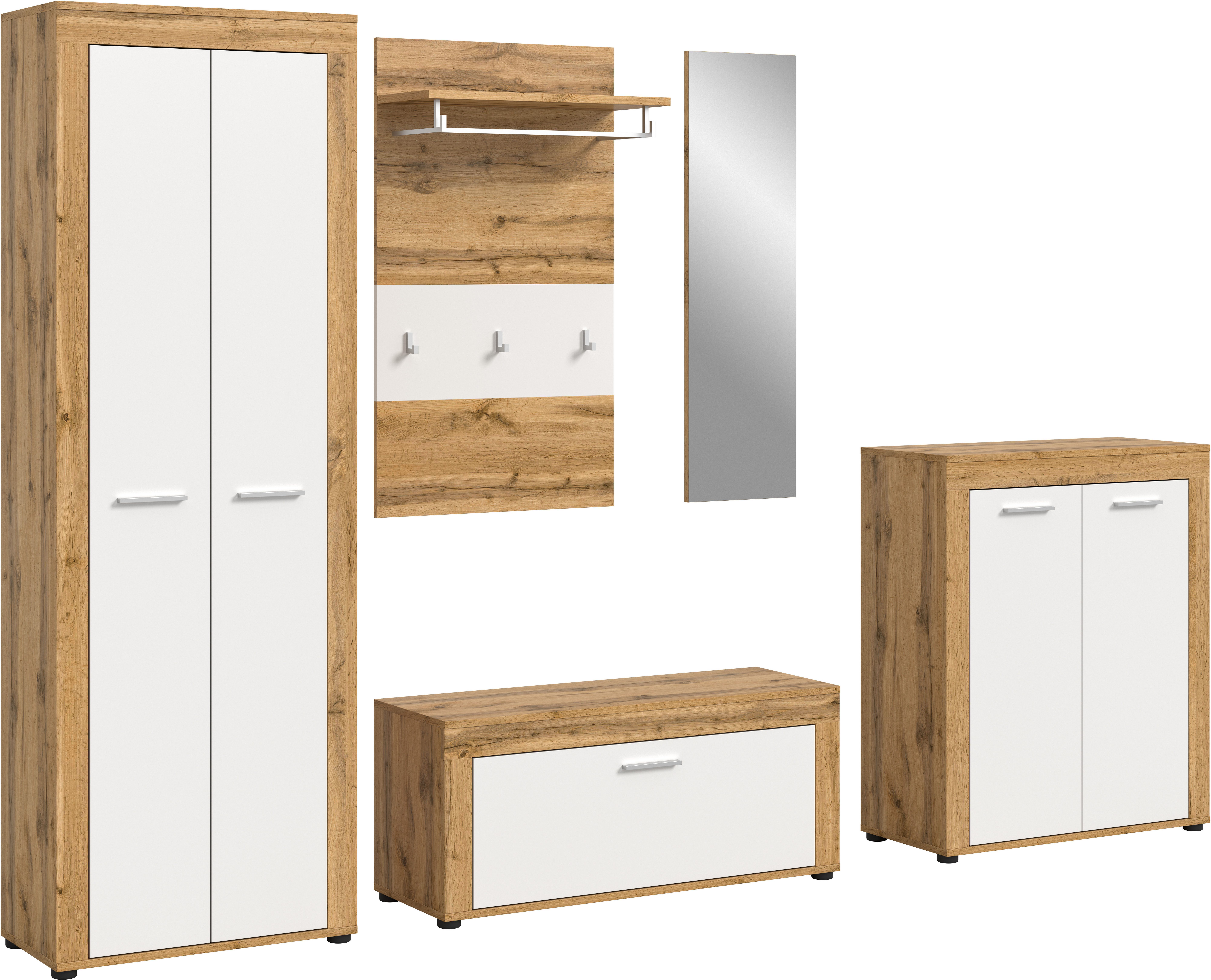 OTTO home Garderoben-Set AOSTA, Breite 285cm, 5-teilige Garderobenkombination, (Set, 5-St., bestehend aus: Garderobenschrank, Sitzbank, Paneel, Spiegel & Kommode), Flurkombination, Kombination, Garderobe, Dielen-Set, Garderobenmöbel
