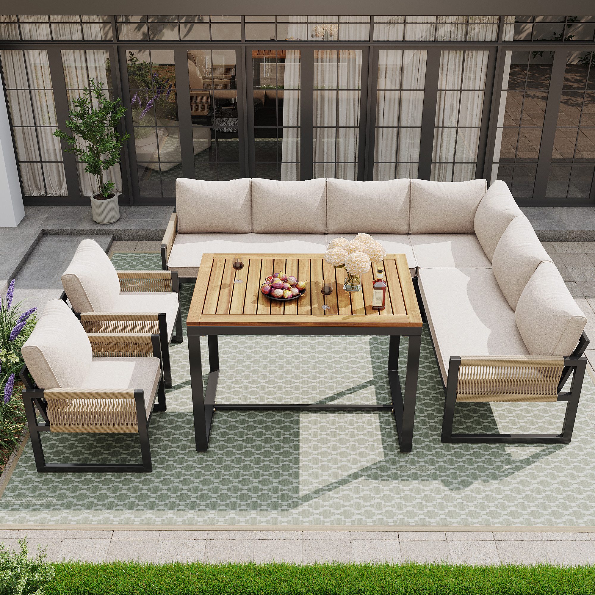 Merax Gartenlounge-Set, (Outdoor Gartensofa Balkonset für 8 Person, 6-tlg., Inkl. Sofas, Sessel, Eckstuhl & Tisch), Sitzgruppe Essgruppe Seil Gartenmöbel-Set Sitzgarnitur mit Eisenrahmen
