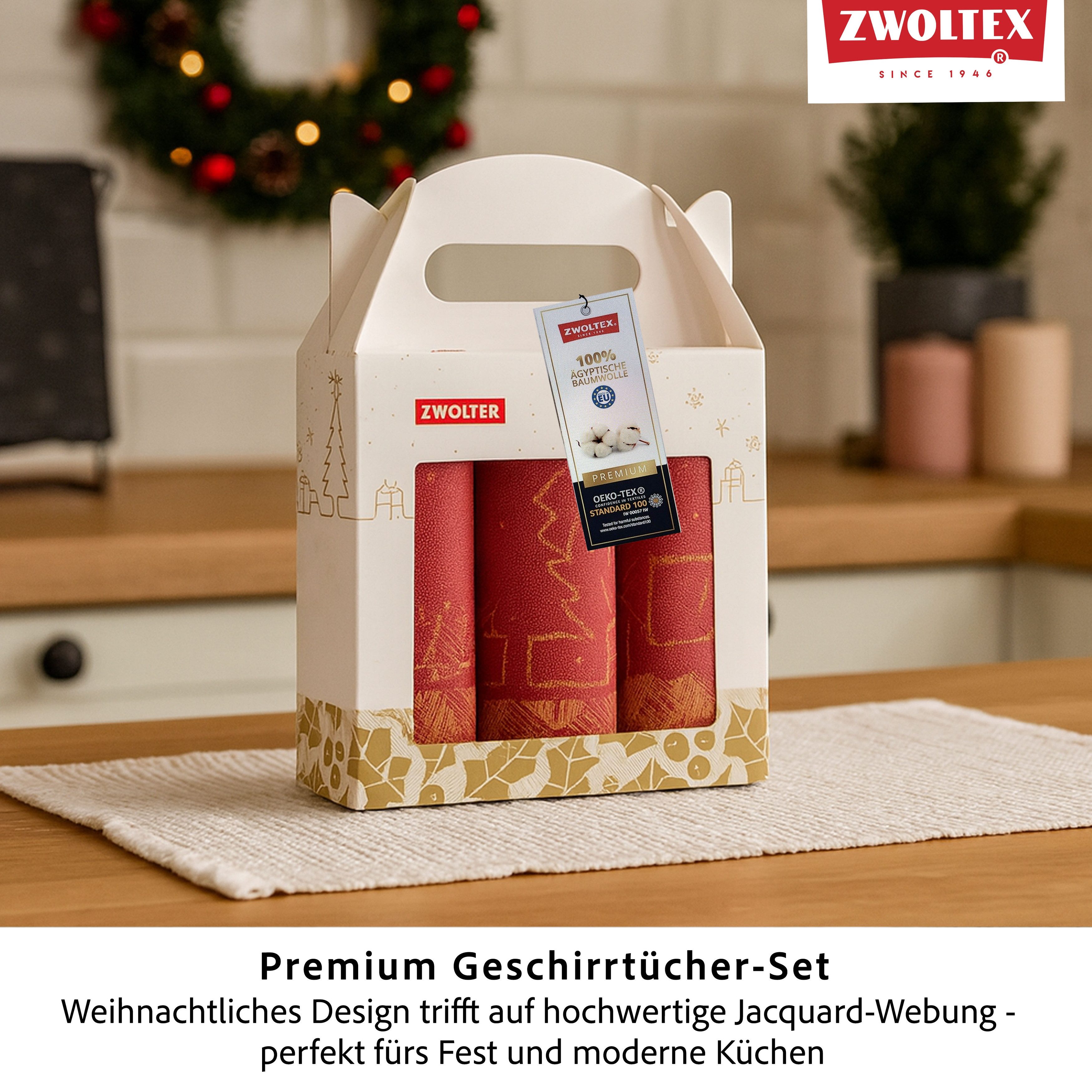 Zwoltex Geschirrtuch Weihnachtliches Küchentuch Geschirrtuch 3er Set 3x, (50x70 cm Baumwolle – gewebtes Weihnachtsset für hochwertige Küchen), Hochwertige Verarbeitung für tägliche Nutzung in der Adventszeit