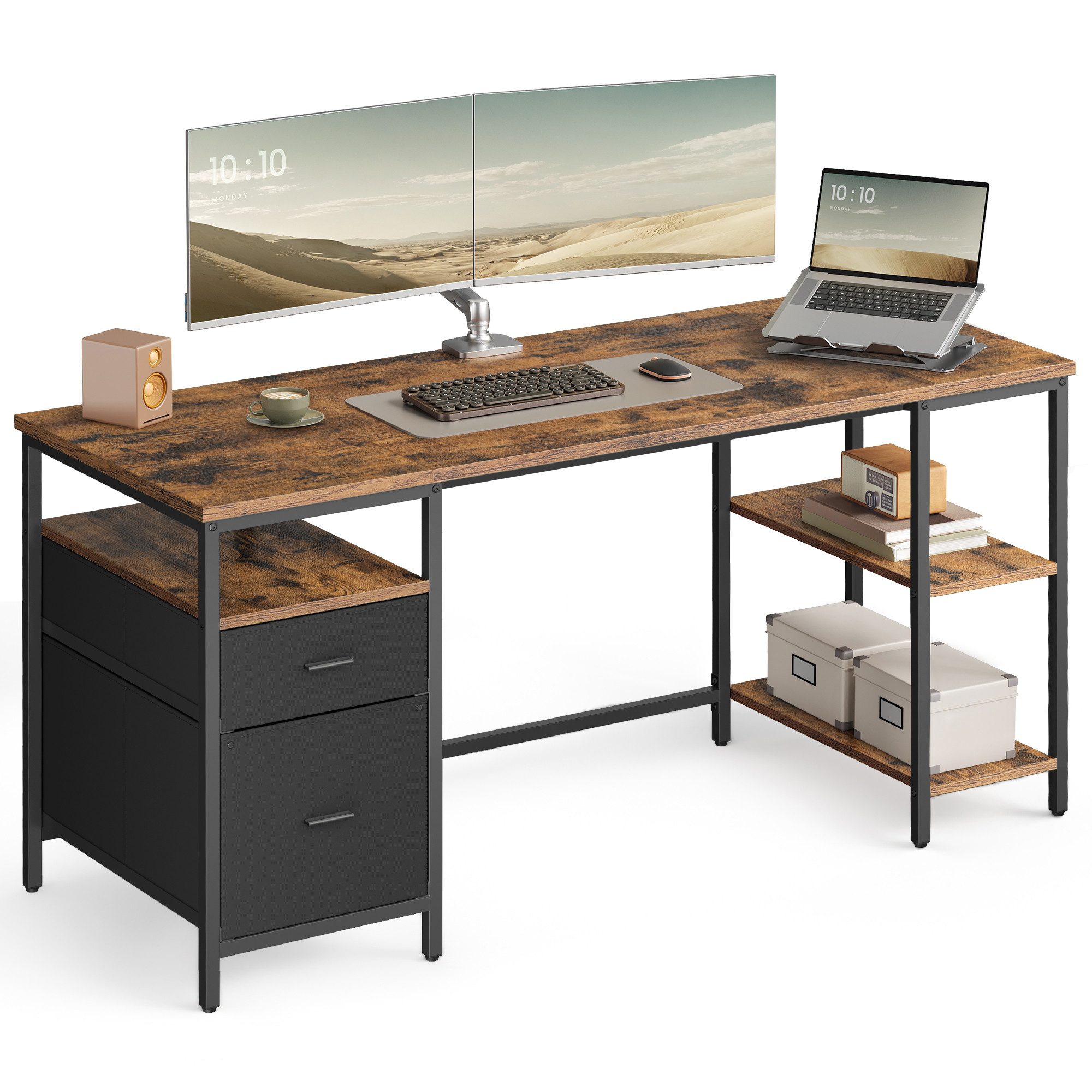 VASAGLE Schreibtisch Computertisch, Bürotisch, mit 3 Ablagen, 2 Schubladen, 140/160 cm
