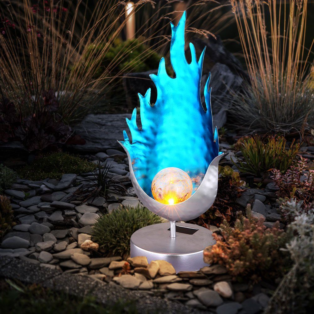 etc-shop Gartenleuchte, LED-Leuchtmittel fest Lampe Design LED Solar verbaut, Kugel Crackle Flammen Glas Leuchte Tisch Steh