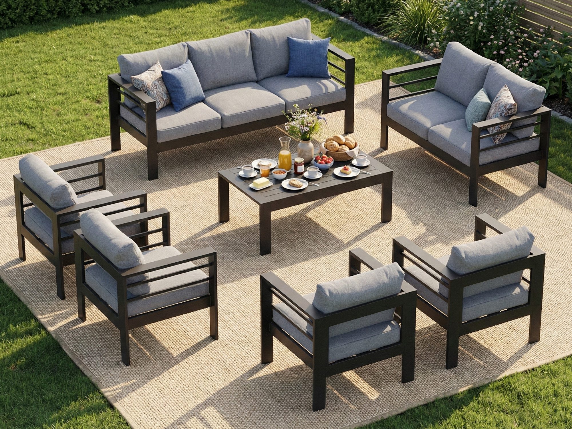 MeXo Gartenlounge-Set XXL Gartenmöbel Set Aluminium Outdoor, (Set, 7-tlg., 4×Sessel, 1×3-Sitzer Sofa, 1×2-Sitzer Sofa, 1×Tisch, 18×Auflagen), wetterfest Loungeset für 8-10 Personen, Flexible Kombination