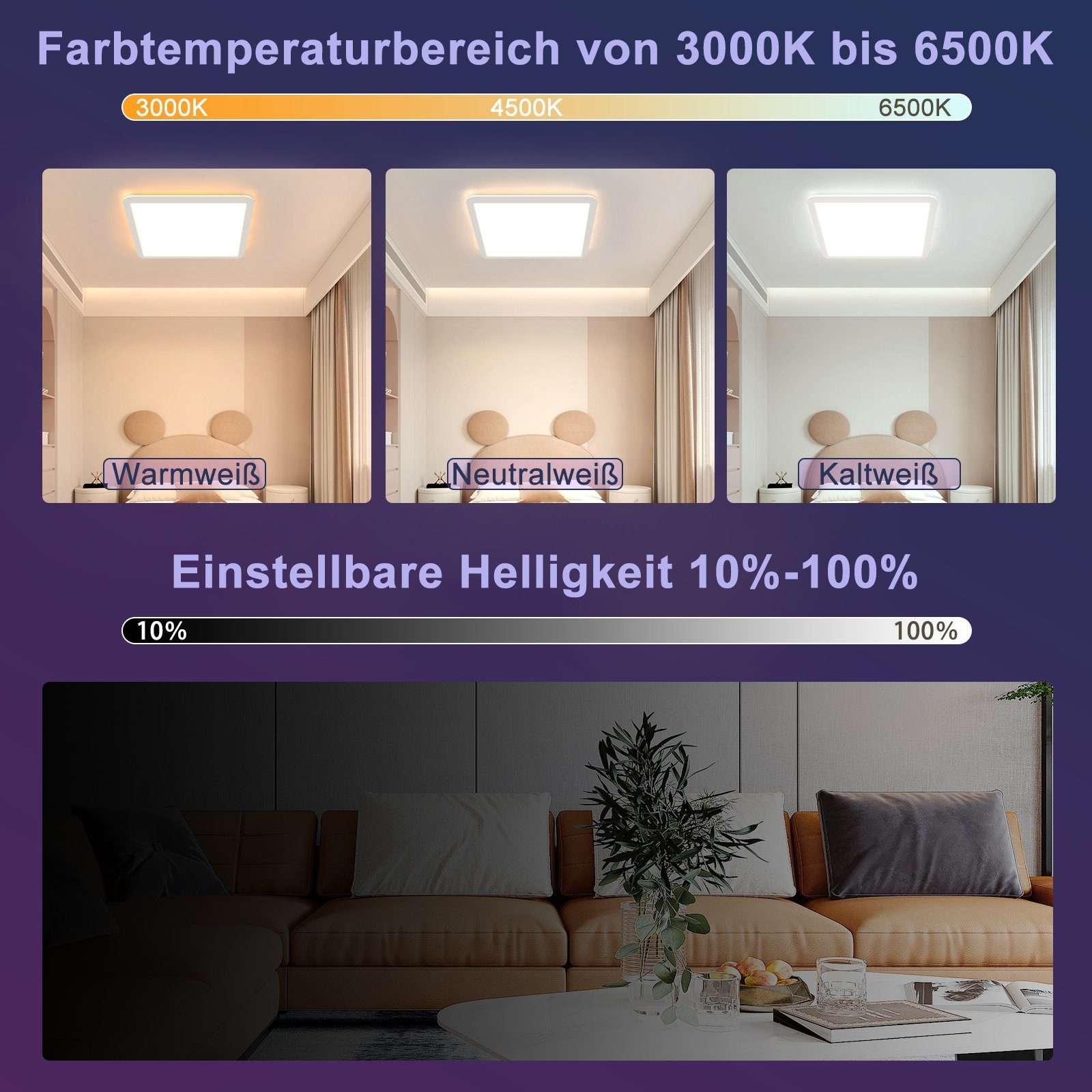 LED Dimmbar IP44, ZMH 24W integriert, fest Fernbedienung Deckenleuchte Deckenlampe Farbwechsel RGB LED mit 3000-6000k, weiß, Nachtlichtmodus