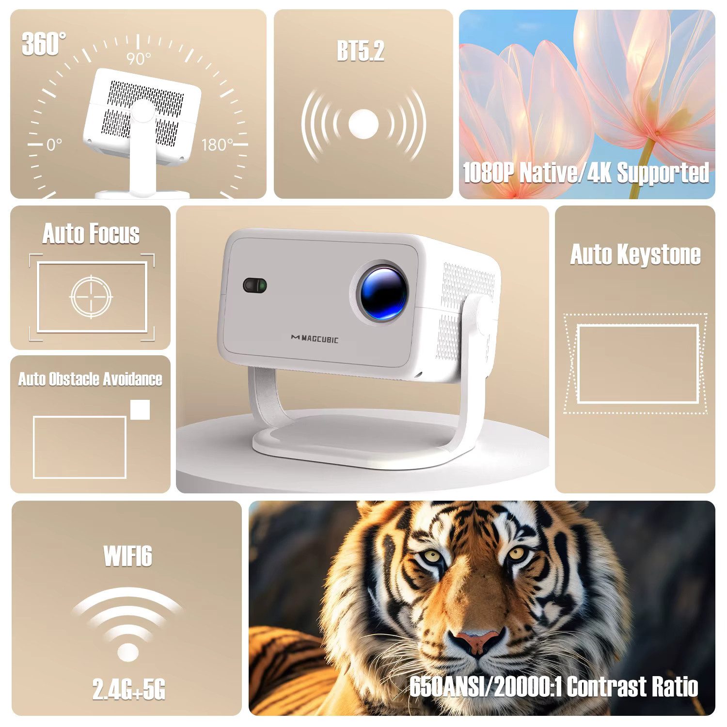 Magcubic Magcubic Tragbarer Mini Projektor Beamer L018 4K Android 11 Wifi6 Portabler Projektor (6000 lm, 20000:1, 3840 x 2160 px, BT 5.2, 4K 1080p unterstützt)