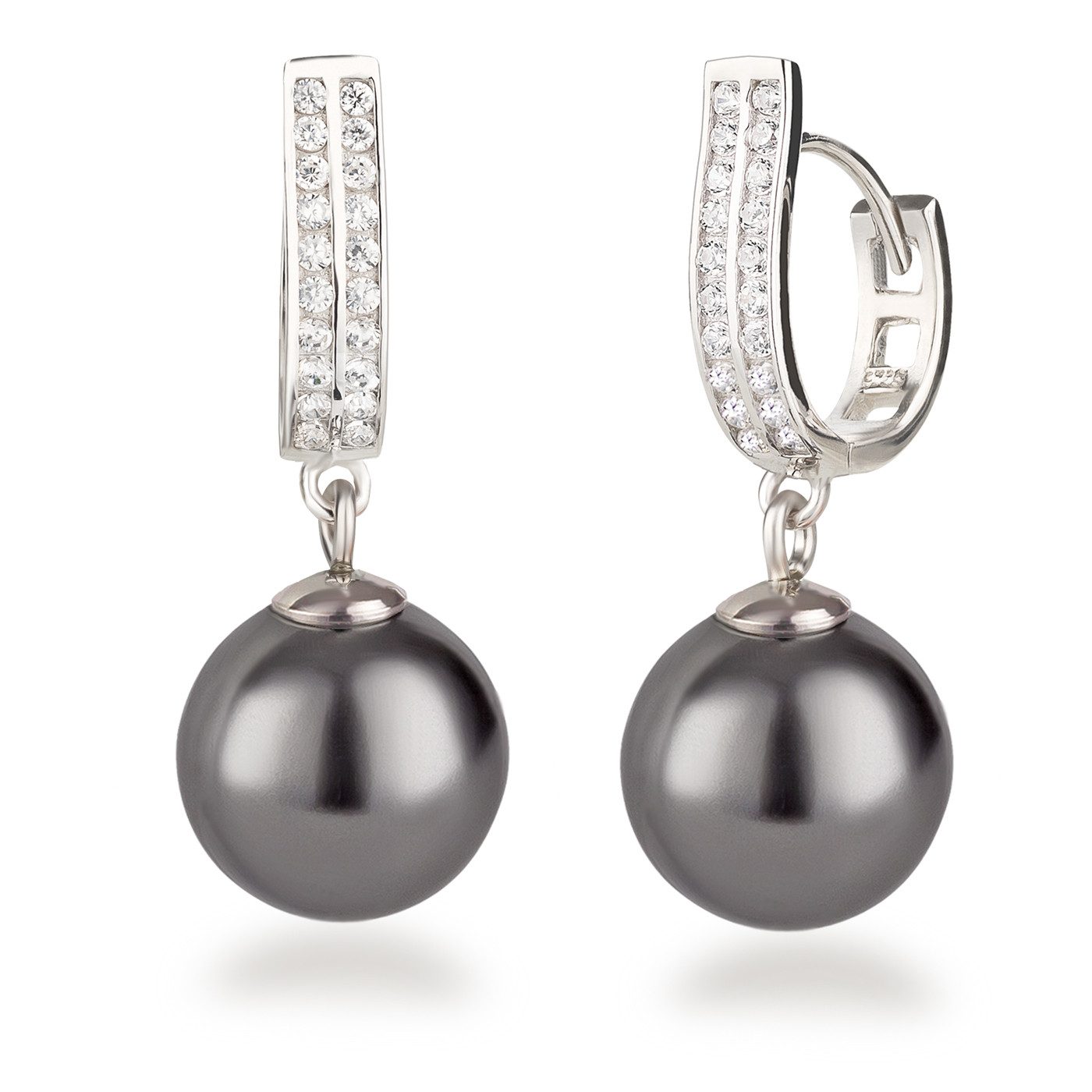 Paar Ohrhänger Creolen 925 Silber rhodiniert mit Zirkonia und 12 mm Perle