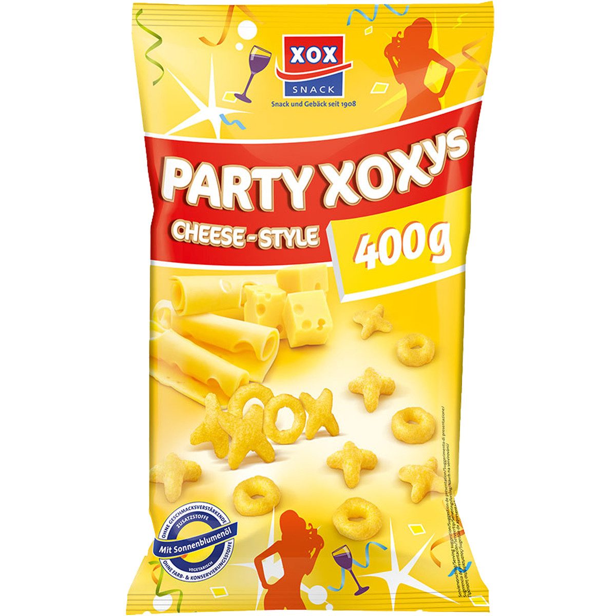 XOX Knabberei, XOX Party XOXys Cheese Style Mais Snack mit geriebenem Käse 400g