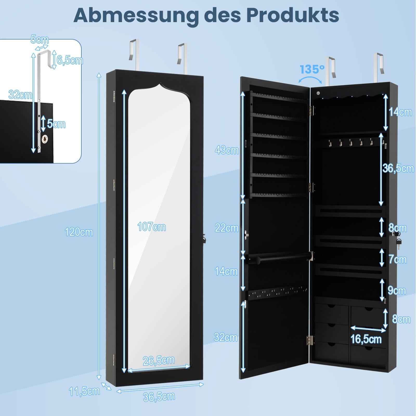 COSTWAY Schmuckschrank mit LED & Ganzkörperspiegel, für Tür und Wand mit LED & Ganzkörperspiegel, für Tür und Wand – Bild 5 von 5