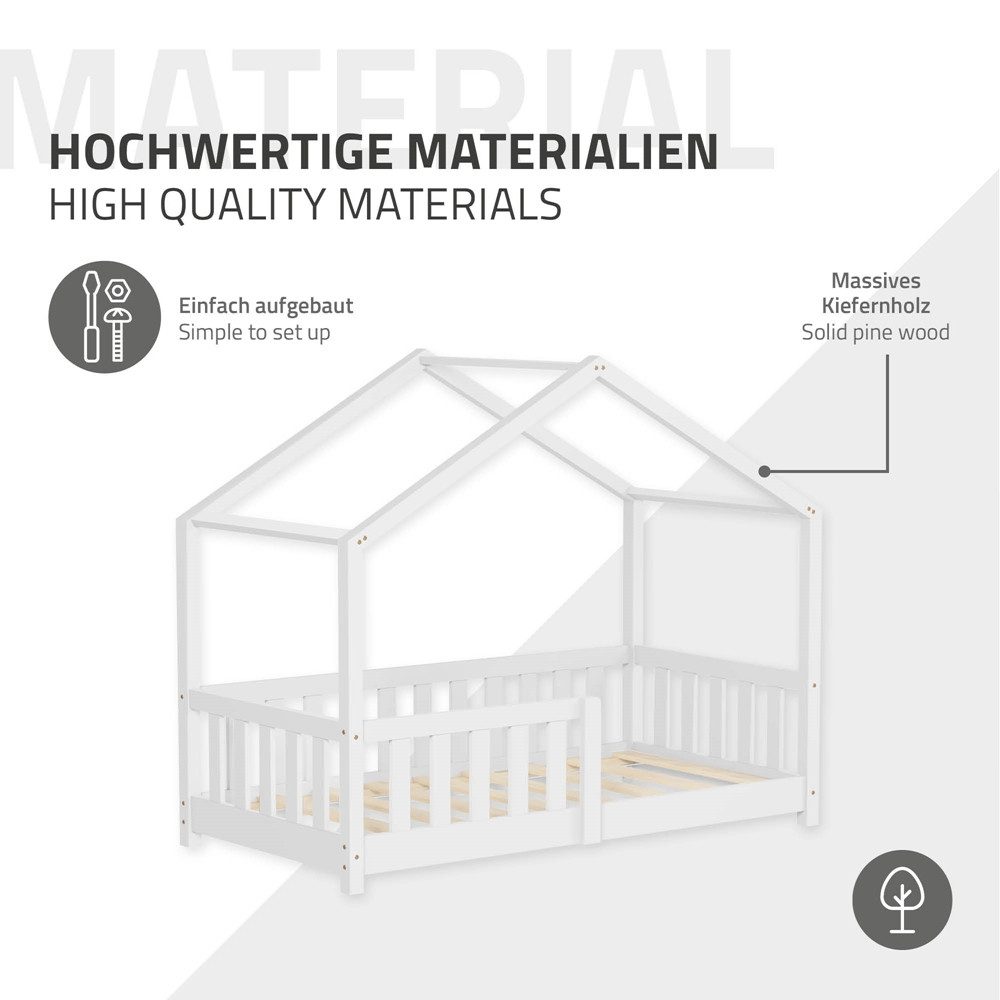 ML-DESIGN Spielbett Hausbett Kinderbett inkl. Lattenrost & Rausfallschutz Kinder Bodenbett, Abenteuerbett 70x140cm Haus Bett Himmelbett Kiefer Jugendbett Weiß – Bild 5 von 5