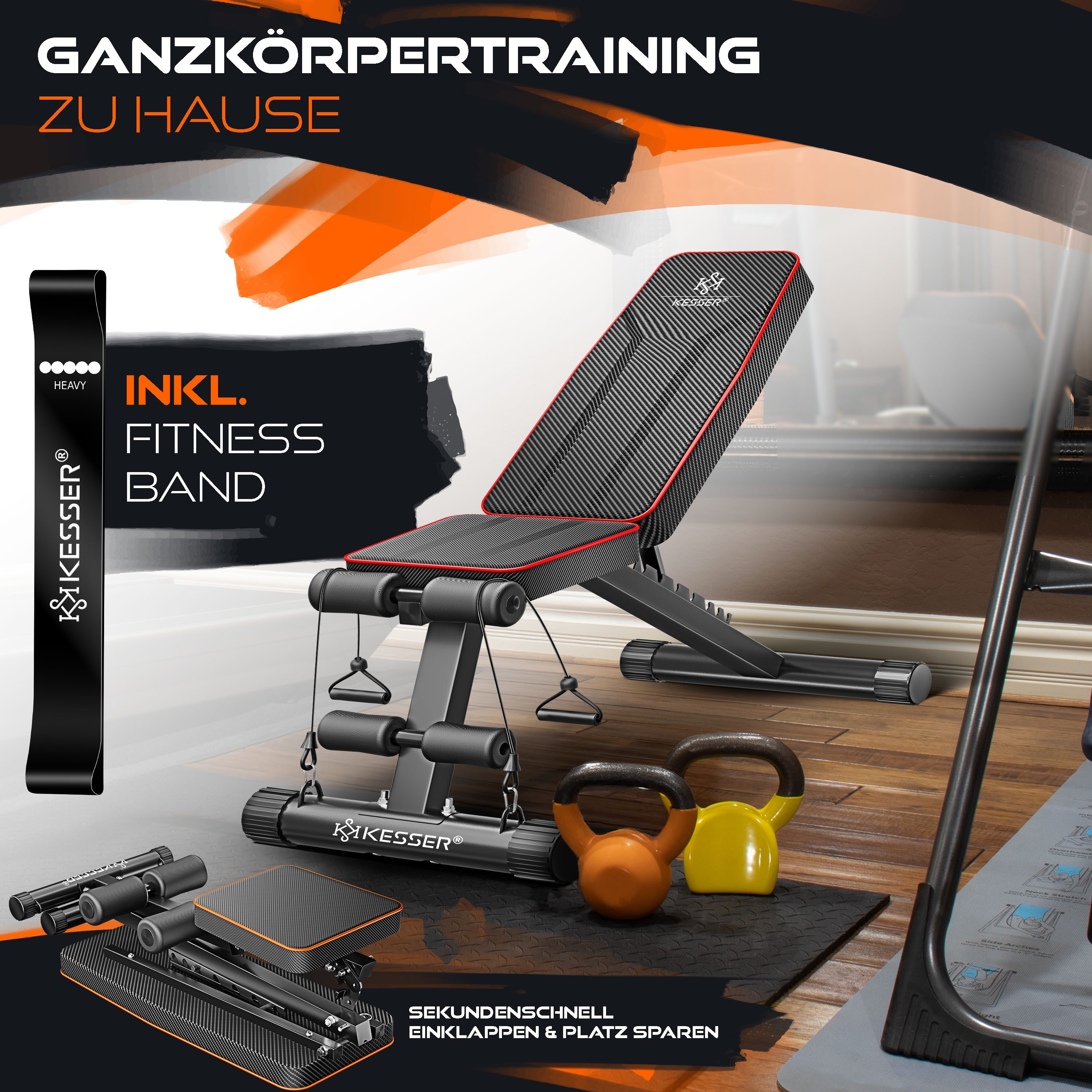 KESSER Hantelbank Multifunktionale Trainingsbank mit Rückenlehne 500kg Belastbarkeit, (Klappbare Verstellbare Mehrzweck-Hantelbank Flachbank zum Bankdrücken), Fitnessgerät Ganzkörpertraining Schrägbank für Fitness & Training