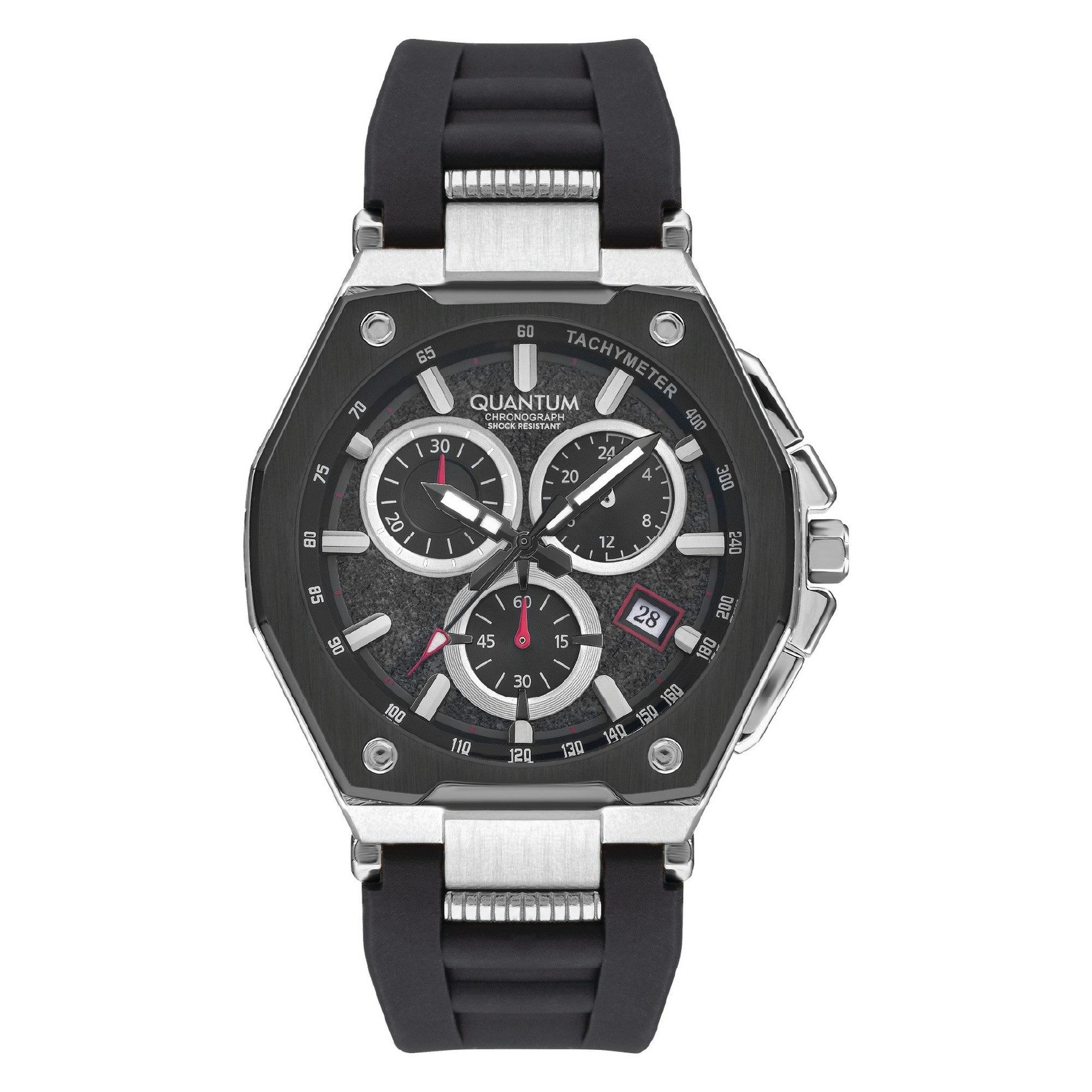 QUANTUM Chronograph Herrenuhr Silikonarmband, 47 mm, Herren Armbanduhr, 10 ATM wasserdicht schwarzes Zifferblatt, silber-schwarz – PWG1005.351, (1-tlg), Datum, Mineralglas, inkl. Geschenkbox