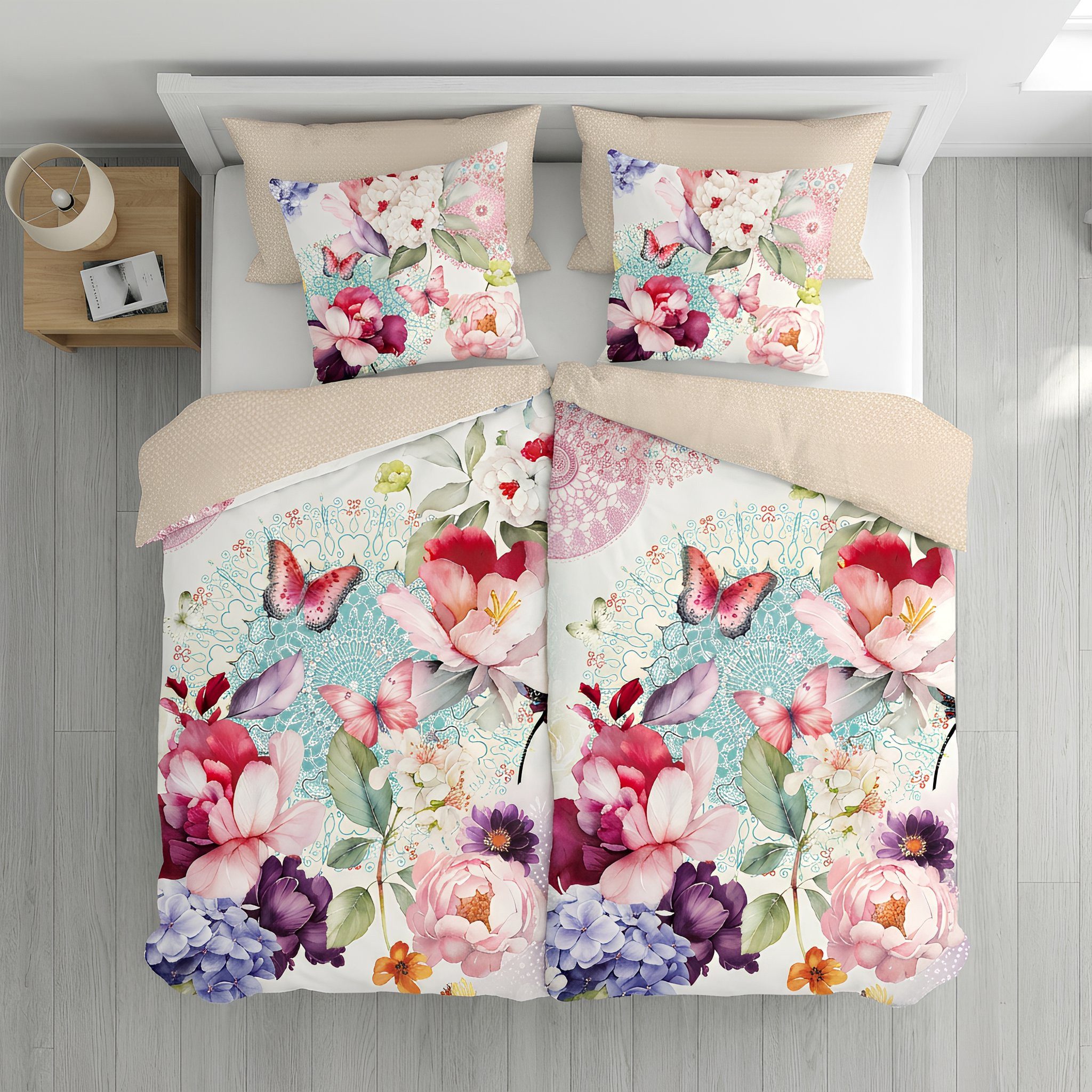 Traumschloss Bettwäsche Comfort Baumwolle, Flanell, 2 teilig, Schmetterlinge mit Blumen und Mandala,natur