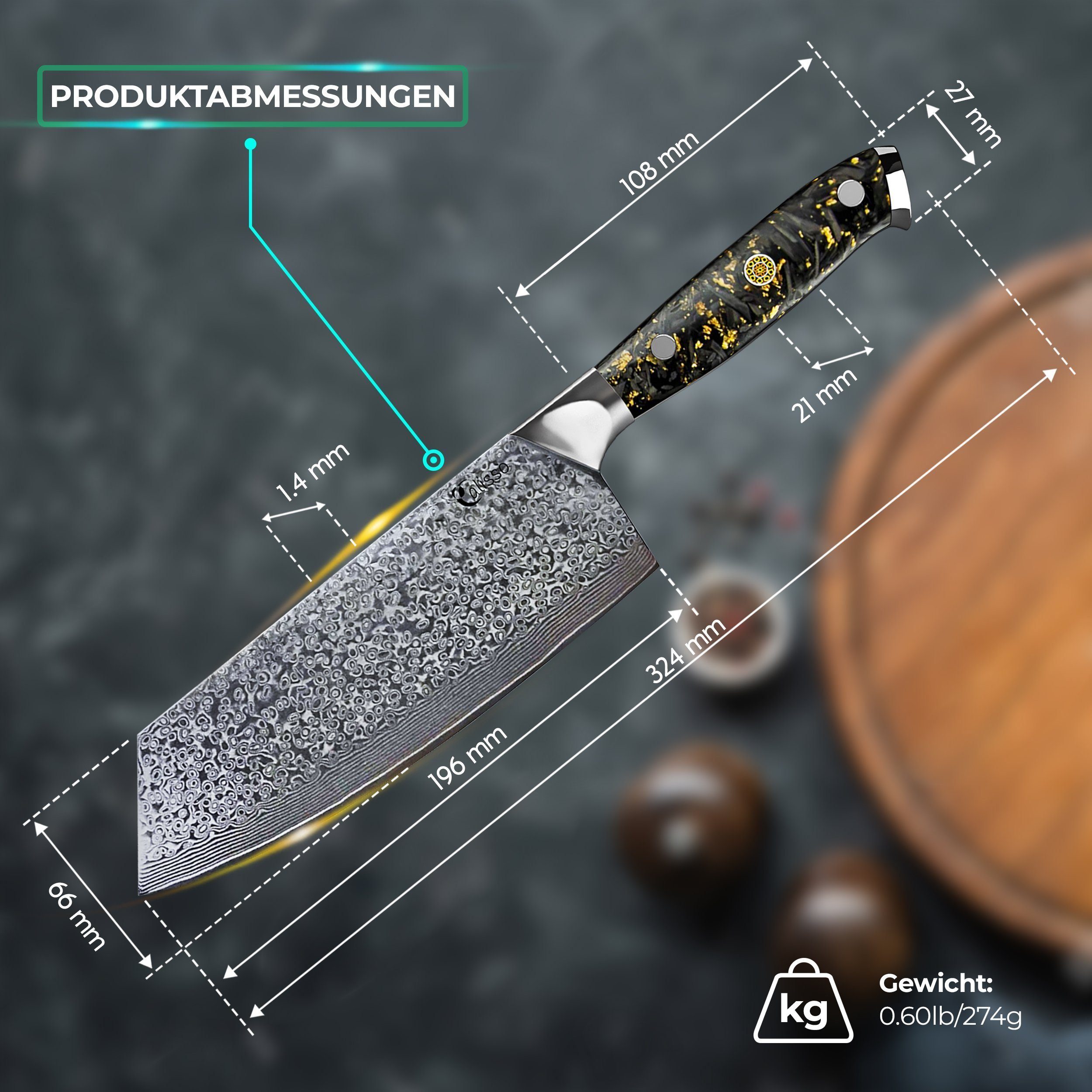 Calisso Hackmesser Gold & Ash Line Chai Dao Chinesisches Küchenmesser