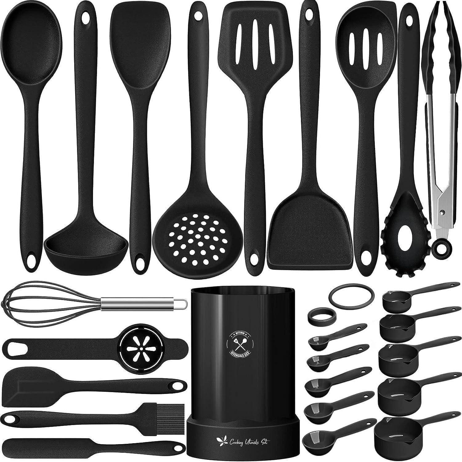 Terlulu Kochbesteck-Set Silikon Küchenhelfer Set 25-teilig Utensilienhalter Schwarz Antihaft