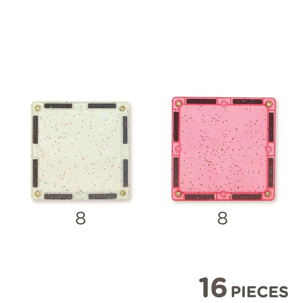 Cleverclixx Cleverclixx Glitter Tiles Pack Transparent Rosa 16 Teile Magnetspielbausteine, langlebiges Magnetspielzeug, robuste Bauweise, erweiterbare Sets