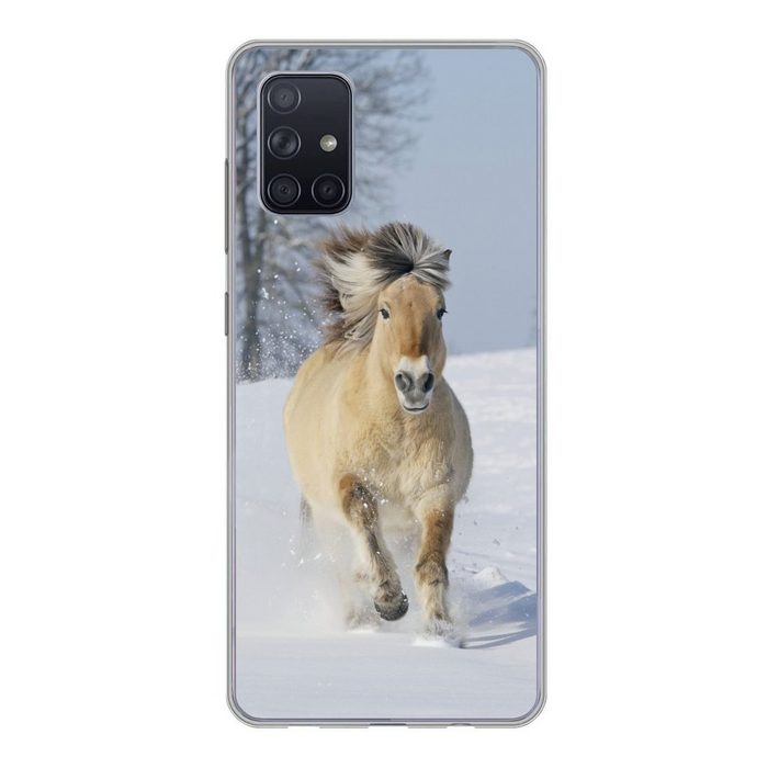 MuchoWow Handyhülle Laufendes Fjordpferd im Schnee Handyhülle Samsung Galaxy A51 5G Smartphone-Bumper Print Handy