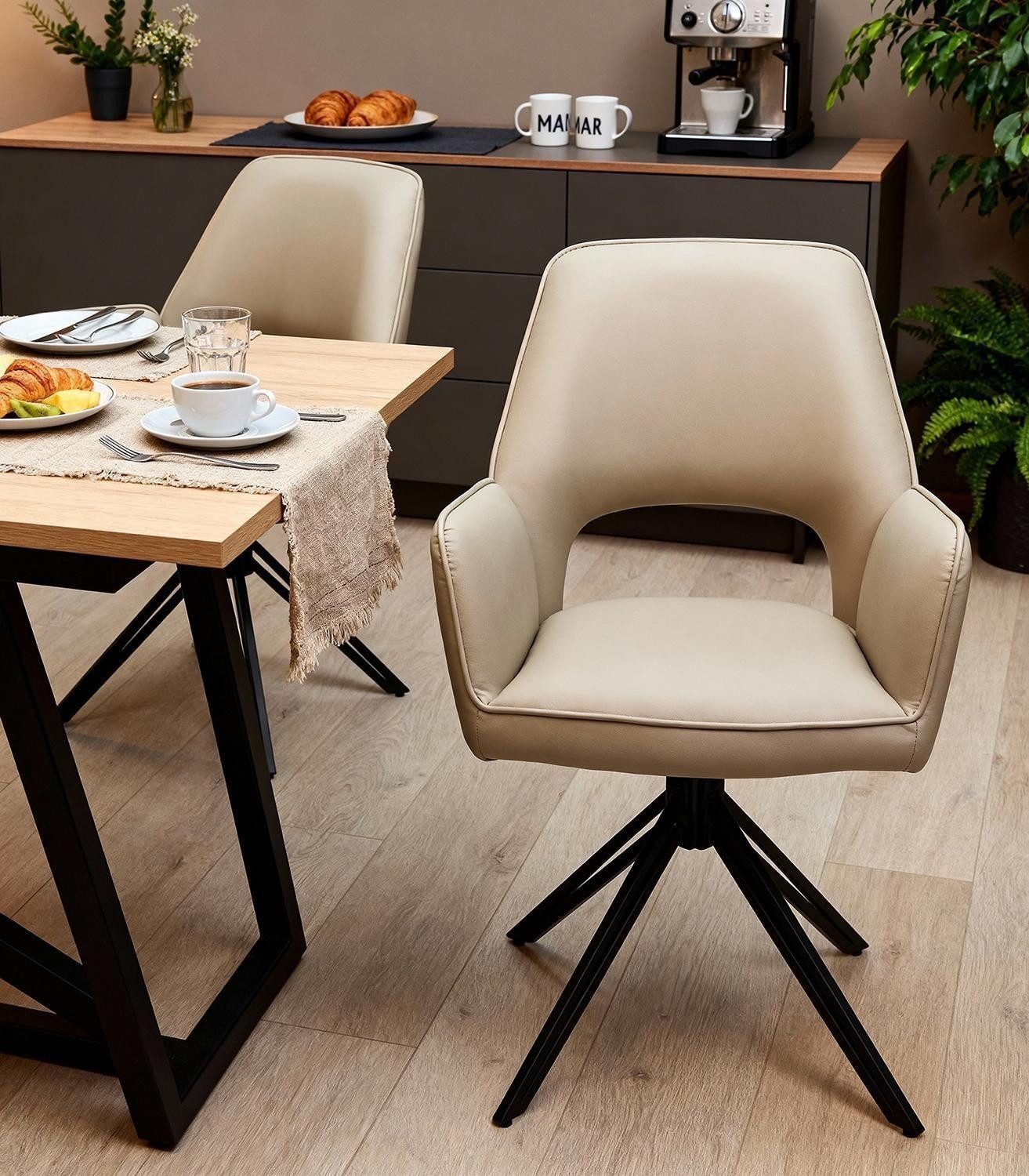 Home4You Polsterstuhl, Cappuccinofarben, Schwarz, Metallgestell, Mikrofaser, 360 Grad drehbar, B 59 x H 89 x T 63 cm